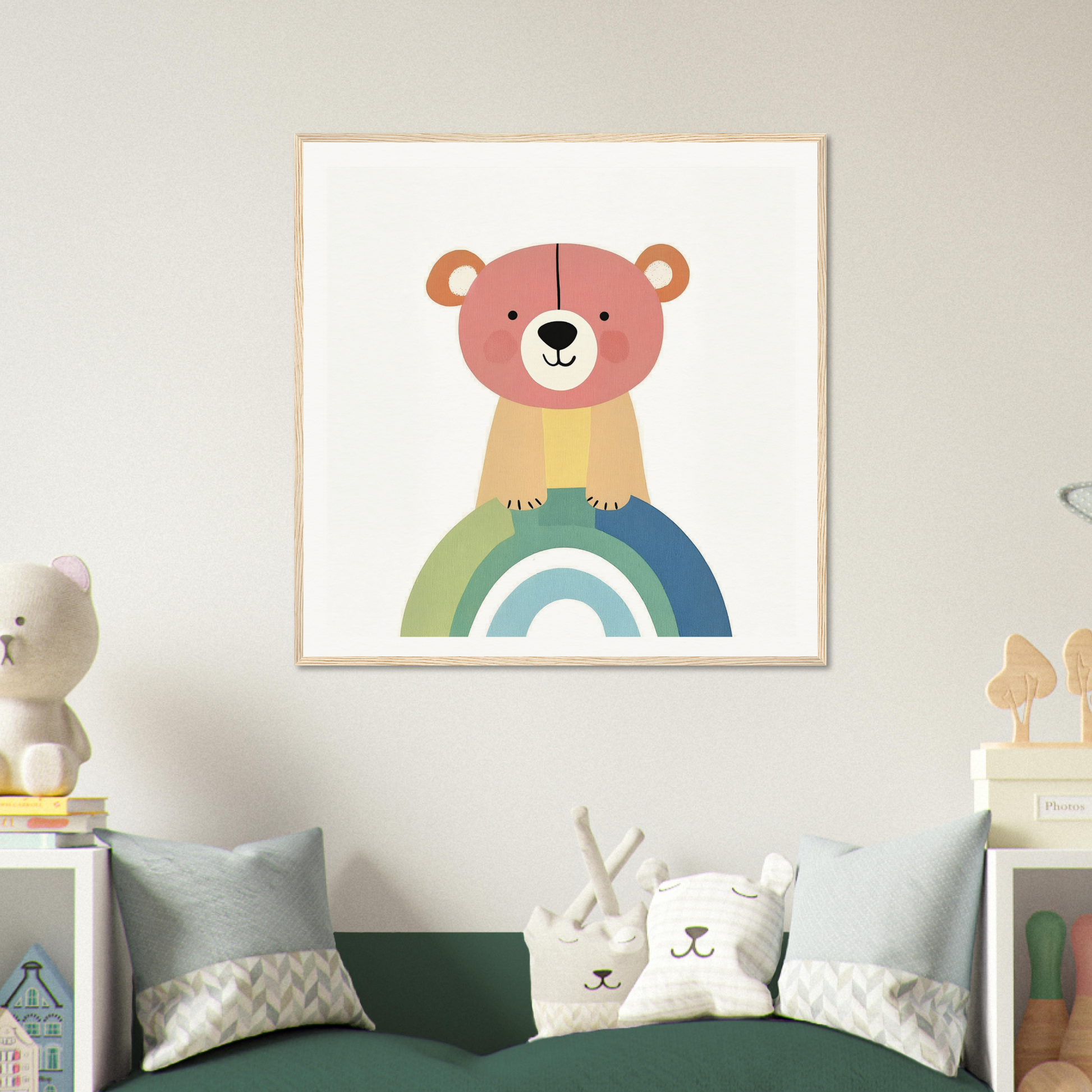 Cute cartoon bear on a rainbow in special edition art for nursery decor
