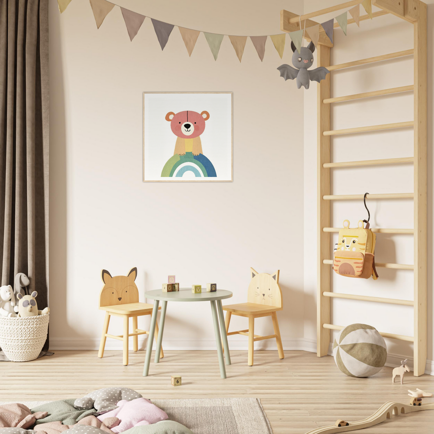 Children’s play area featuring wooden animal chairs and table from Rainbow Bear Serenade special edition art