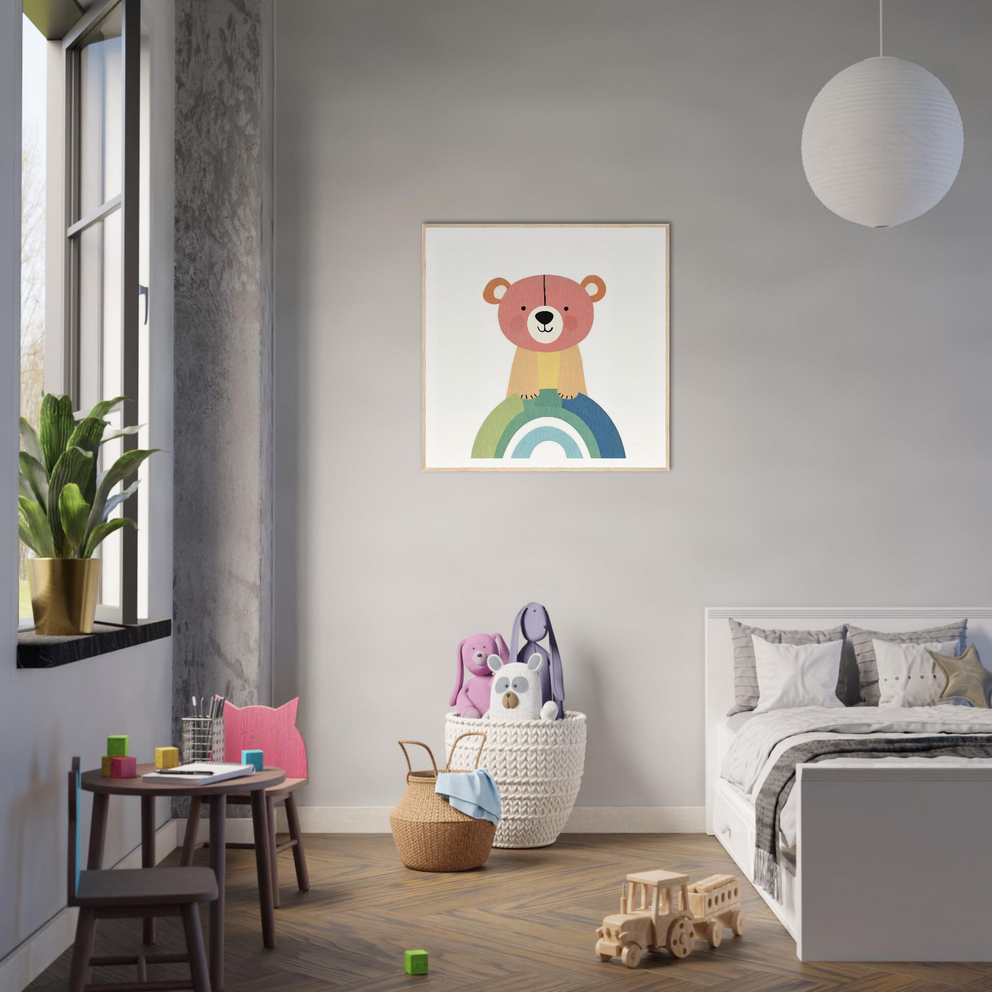 Cartoon bear illustration on a rainbow background in special edition art™ display