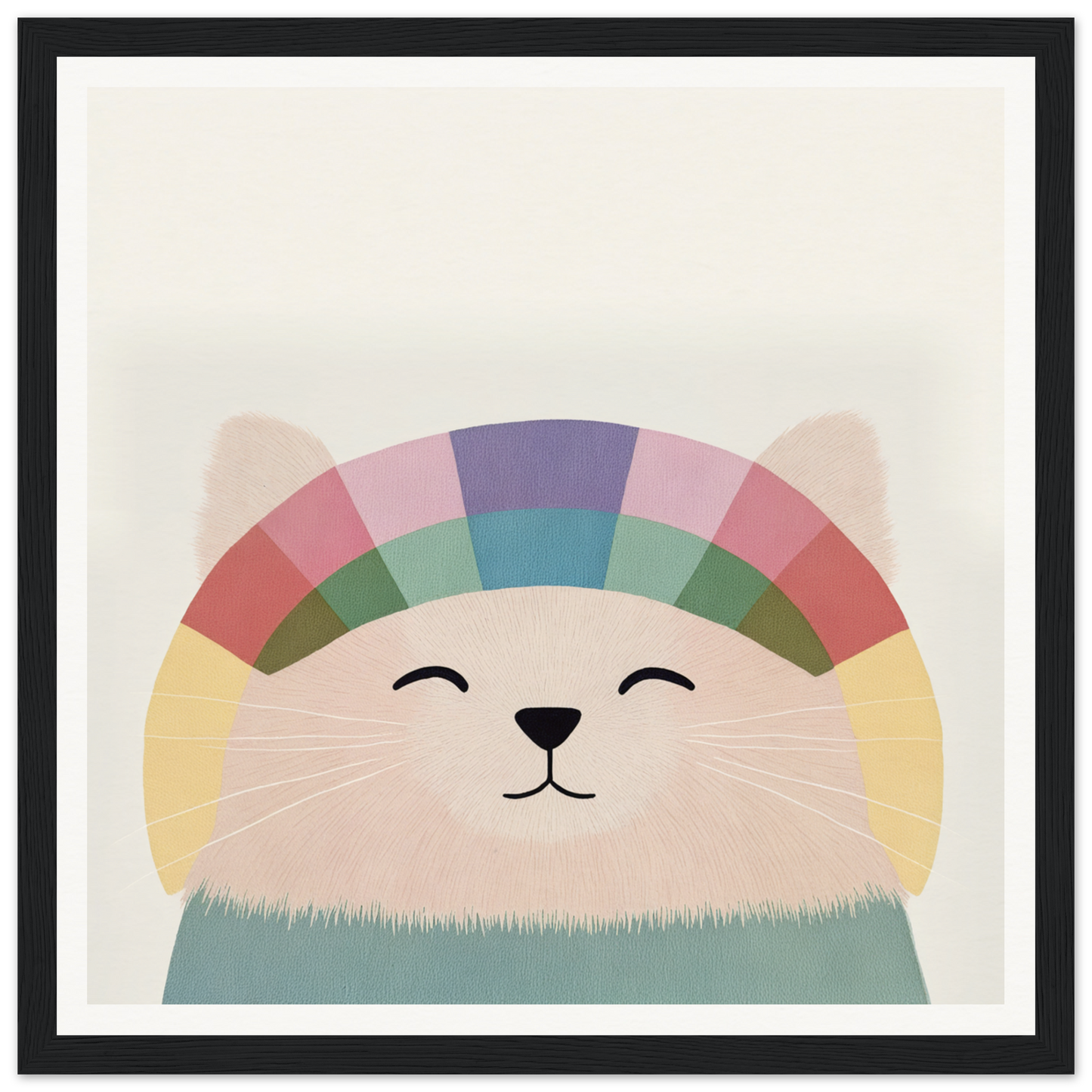 Smiling cartoon cat with rainbow pattern above its face for Rainbow Cat Reverie