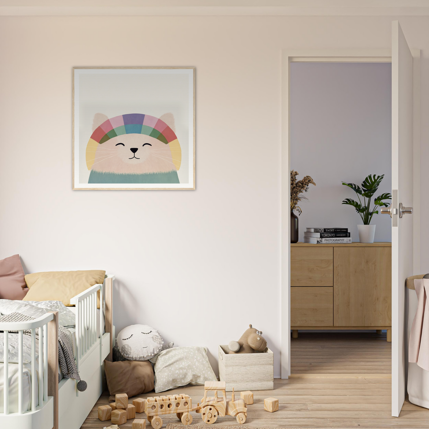 Colorful rainbow-themed bear face artwork in a simple frame from Rainbow Cat Reverie