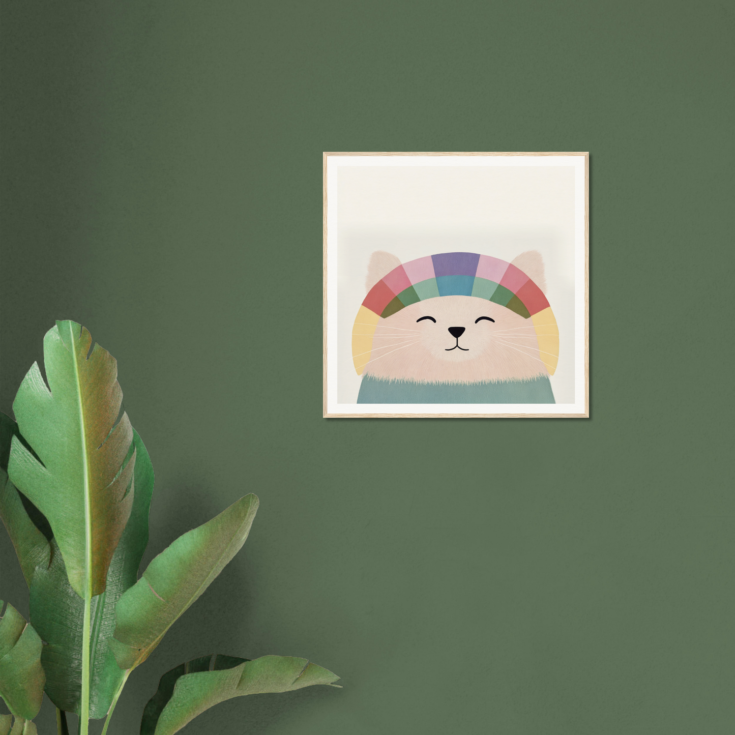 Framed artwork of a cheerful cartoon seal adorned with a vibrant rainbow headband