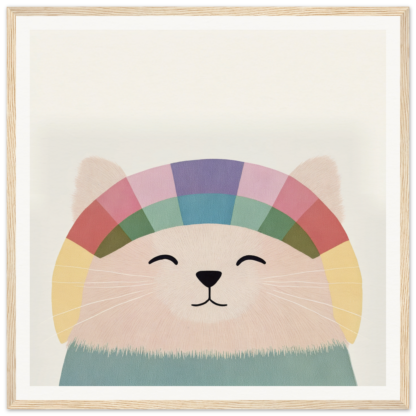 Smiling cartoon cat with rainbow-patterned head in Rainbow Cat Reverie product