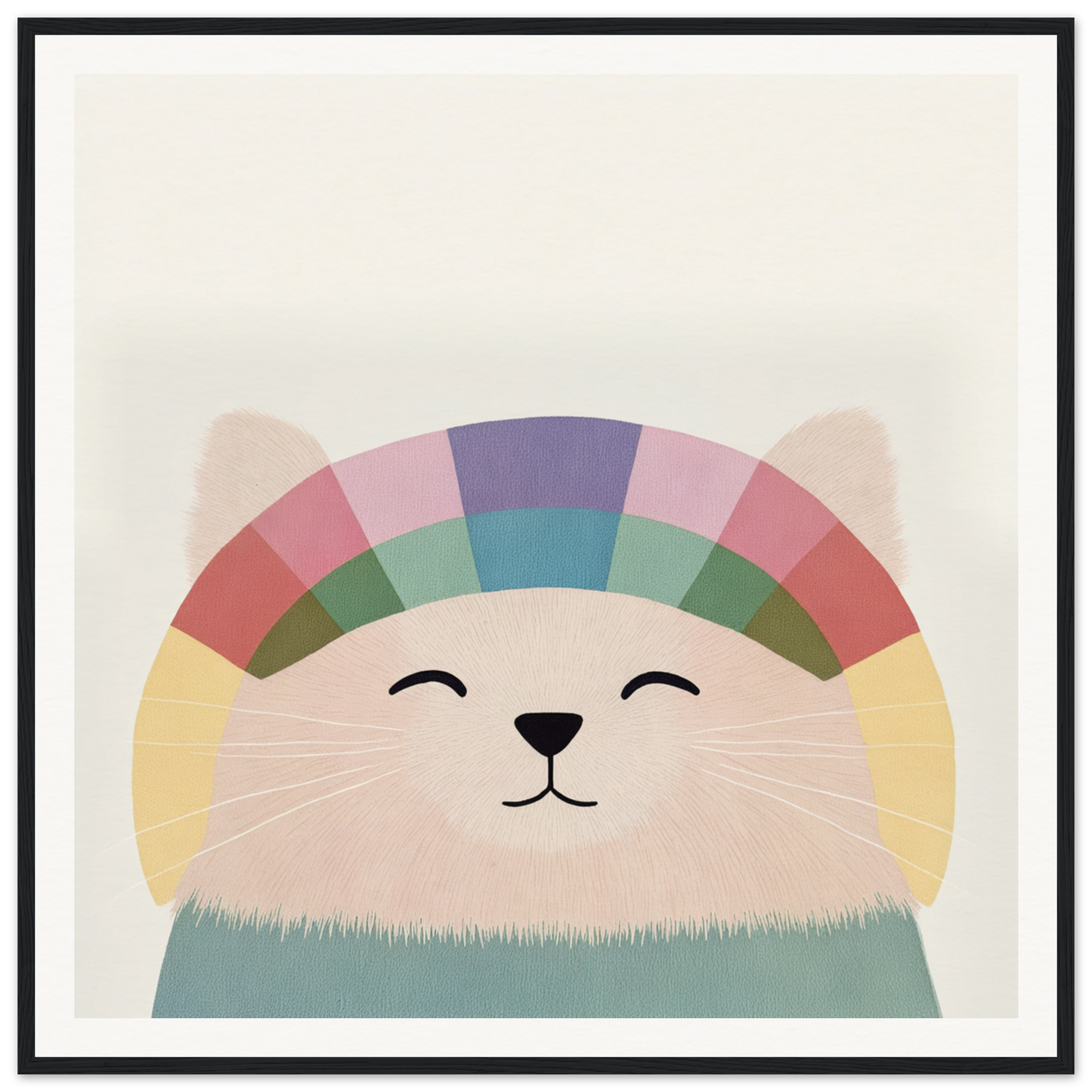 Happy cartoon cat with a rainbow-colored head and closed smiling eyes for Rainbow Cat Reverie