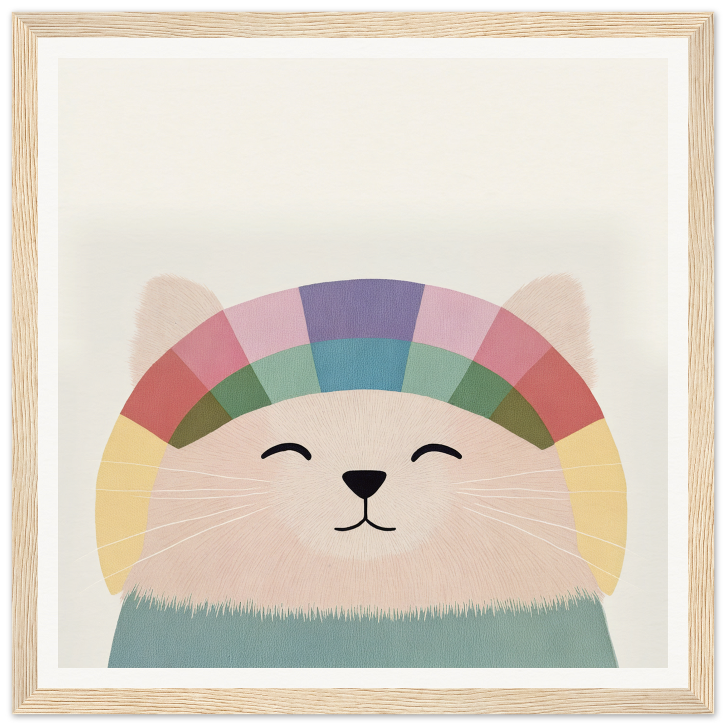 Smiling cartoon cat with rainbow head and teal neck fur in Rainbow Cat Reverie design