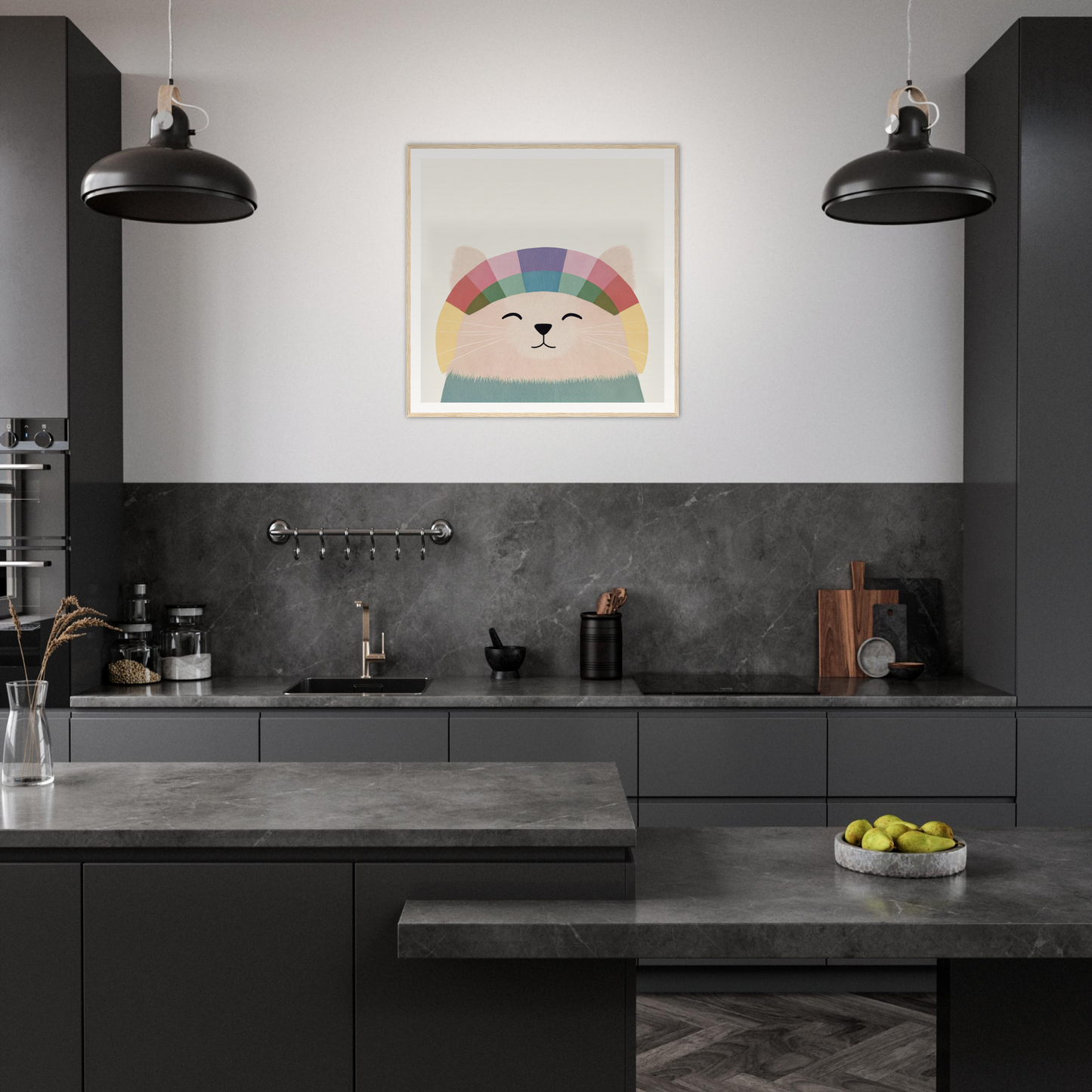 Modern dark gray kitchen featuring vibrant Rainbow Cat artwork on the wall