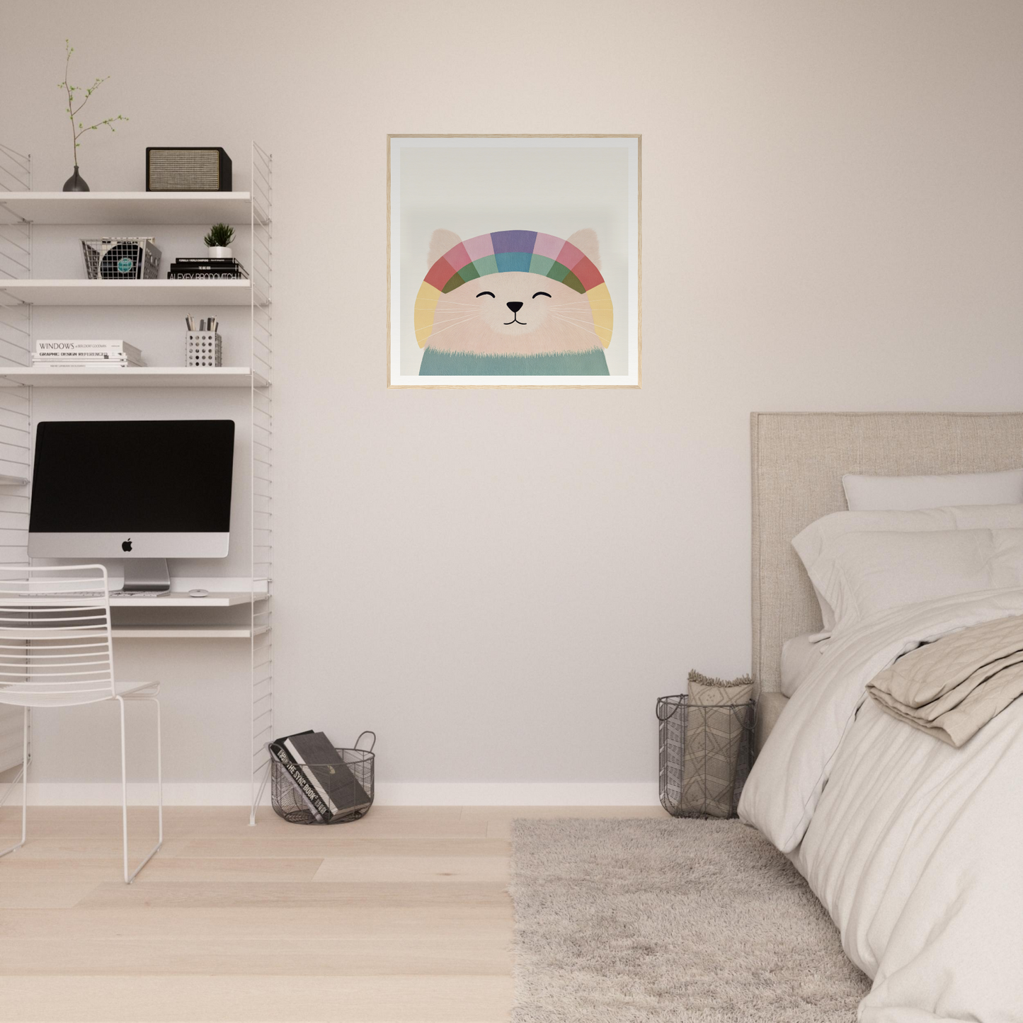 Minimalist bedroom workspace featuring white floating shelves and an iMac computer