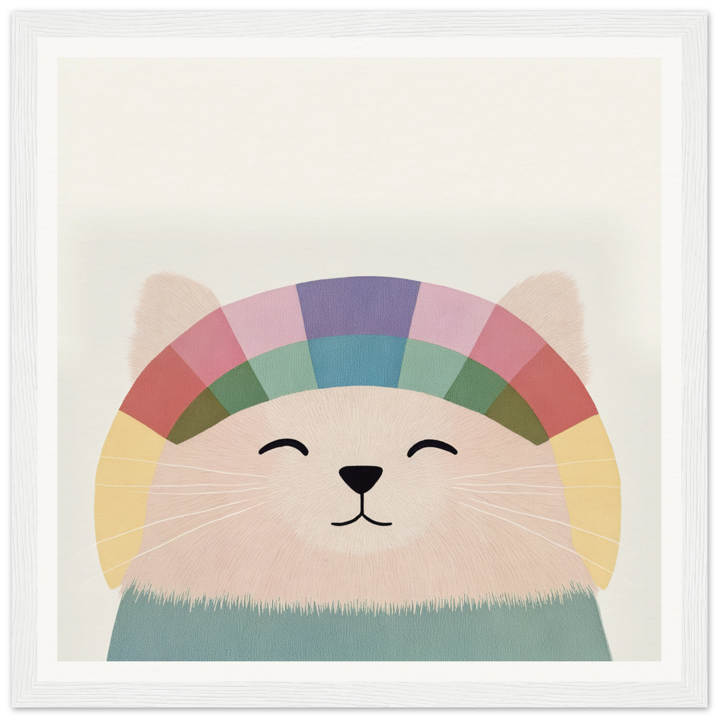 Smiling cartoon cat in a rainbow-patterned hat from Rainbow Cat Reverie