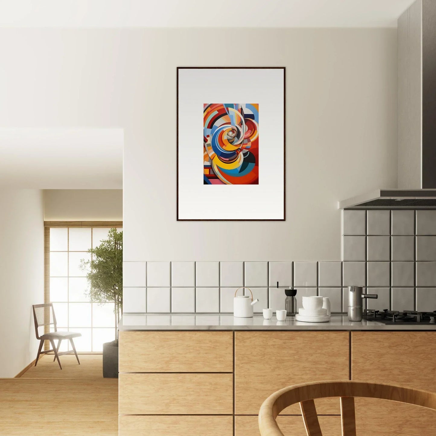 Framed abstract art in Rainbow Euphony Whisper with blue, orange, and yellow swirls