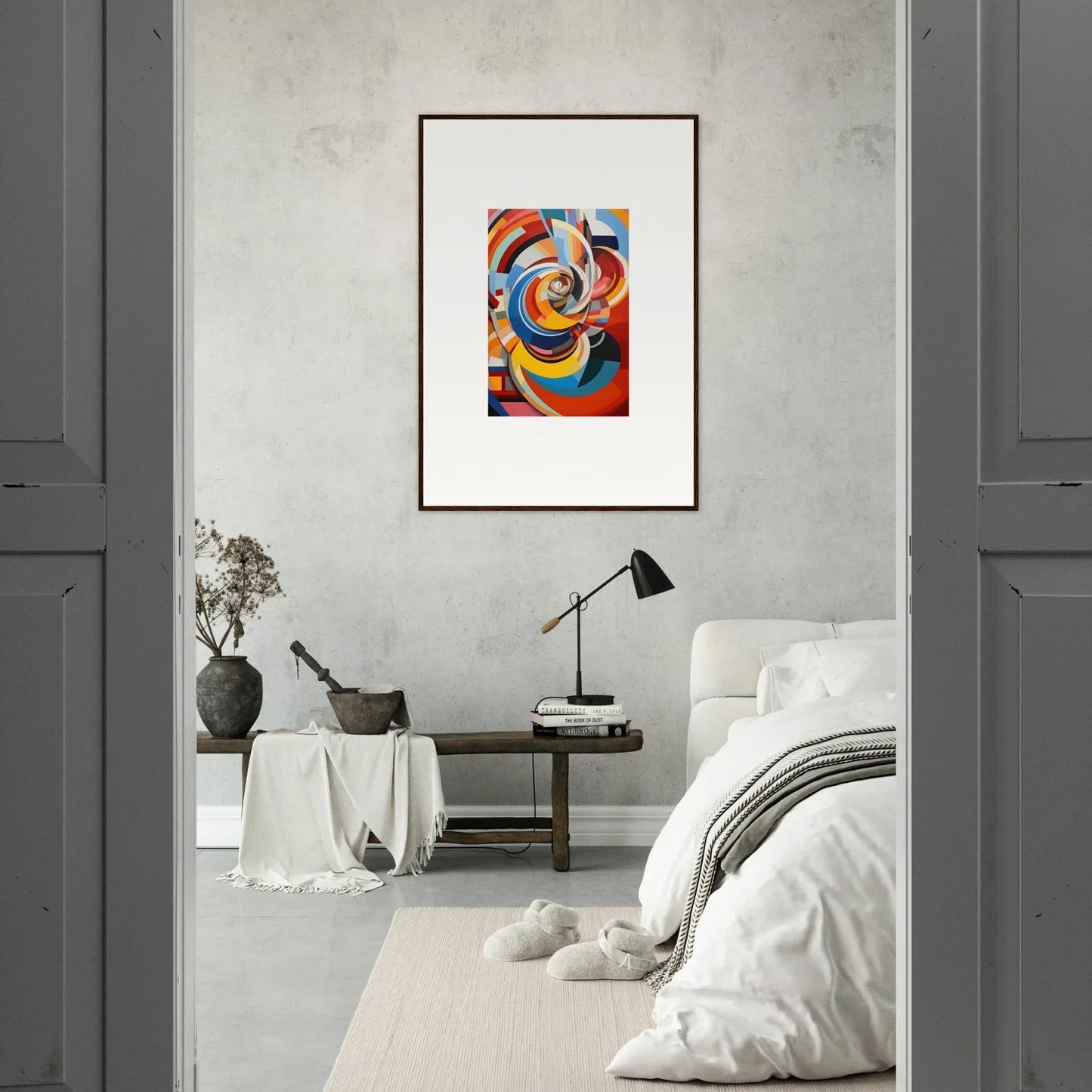 Colorful framed art piece, Rainbow Euphony Whisper, with vibrant spiral pattern