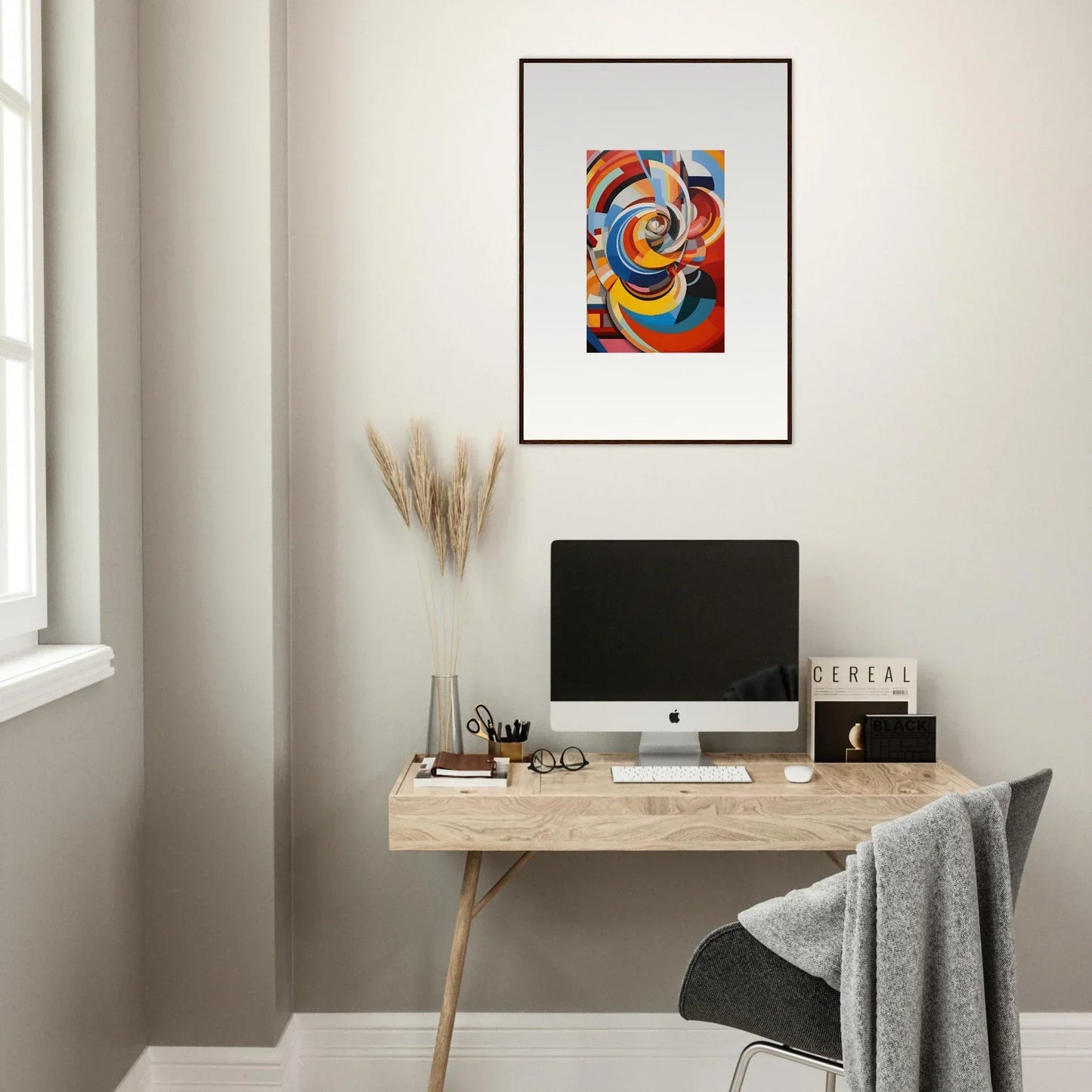 Minimalist workspace featuring an iMac in the Rainbow Euphony Whisper design