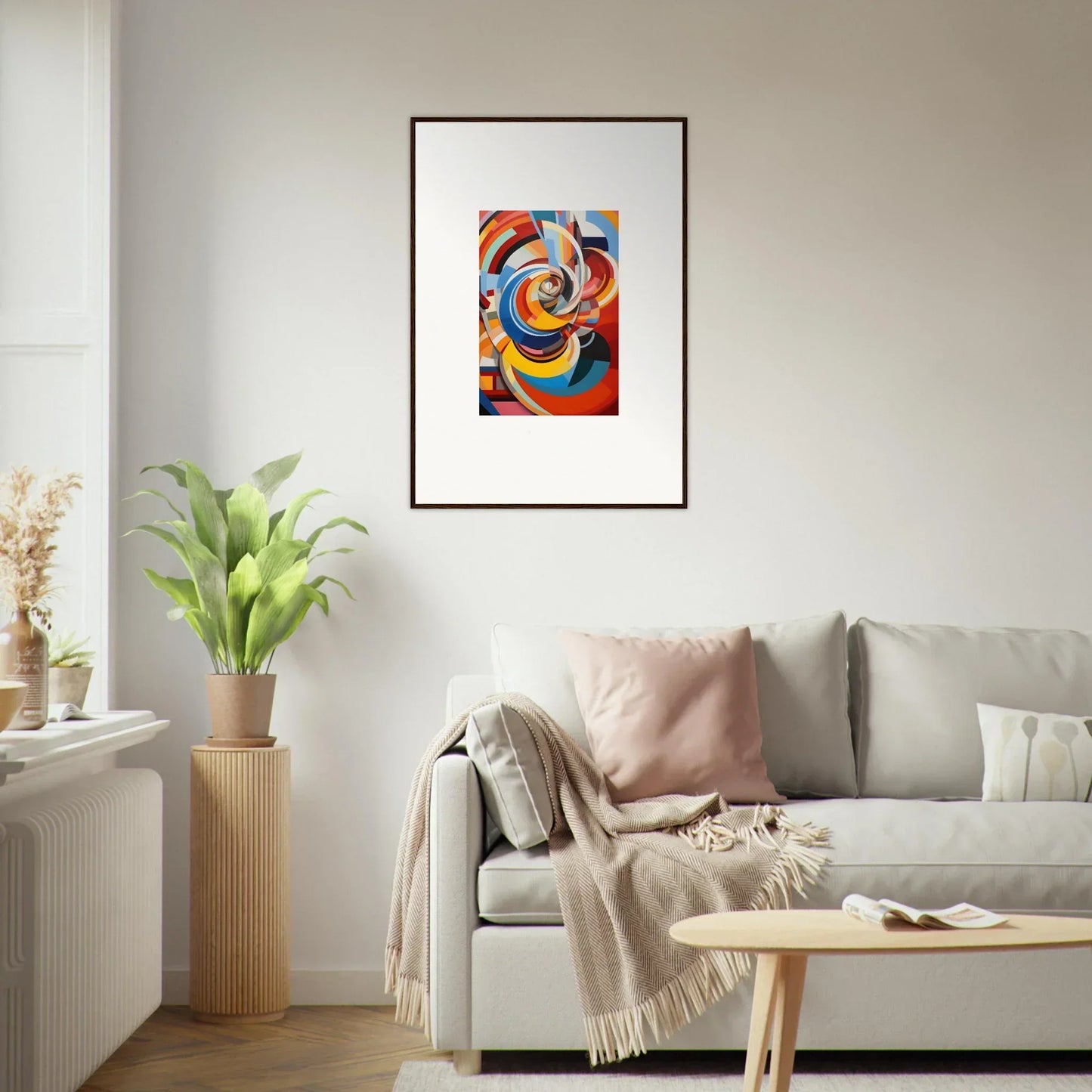 Vibrant Abstract Art with Geometric Shapes in Brown Frame - Rainbow Euphony Whisper