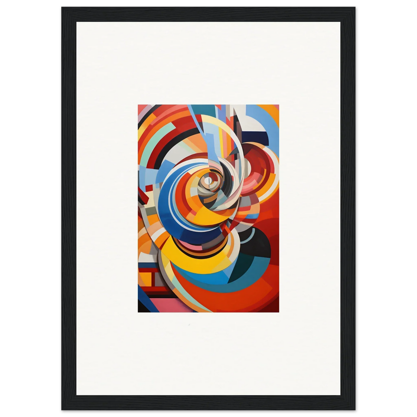 Abstract geometric painting in Rainbow Euphony Whisper with bold red, blue, yellow, orange shapes