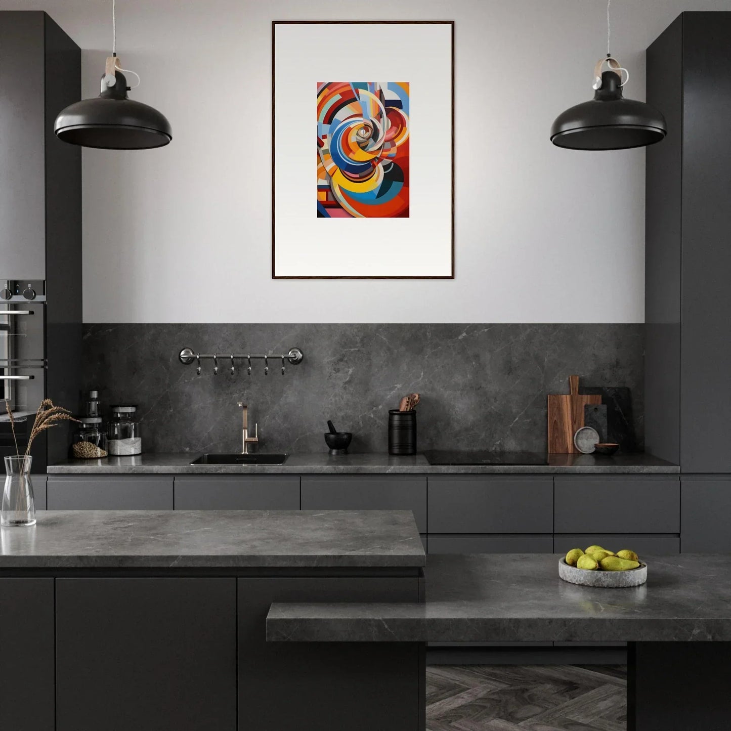 Modern dark kitchen featuring Rainbow Euphony Whisper artwork and matte black cabinets