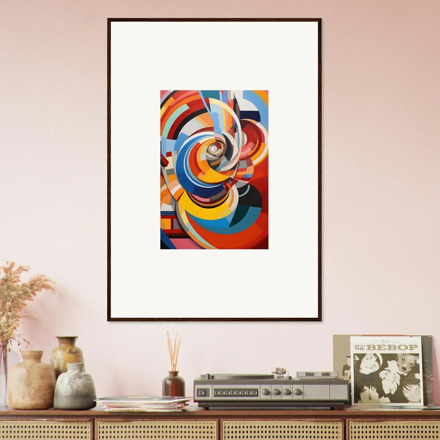 Framed abstract art print Rainbow Euphony Whisper with swirling shapes in vibrant colors