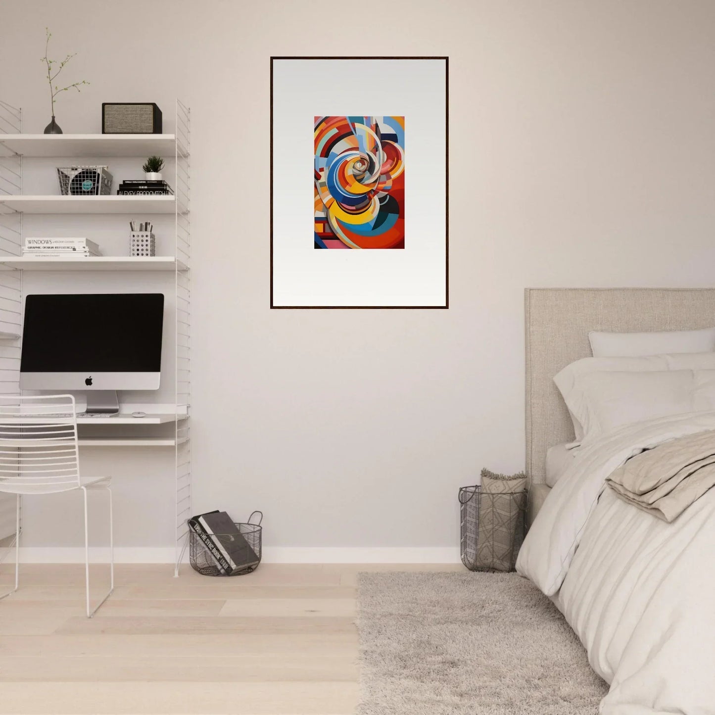 Framed abstract art piece with swirling orange, blue, and red for Rainbow Euphony Whisper