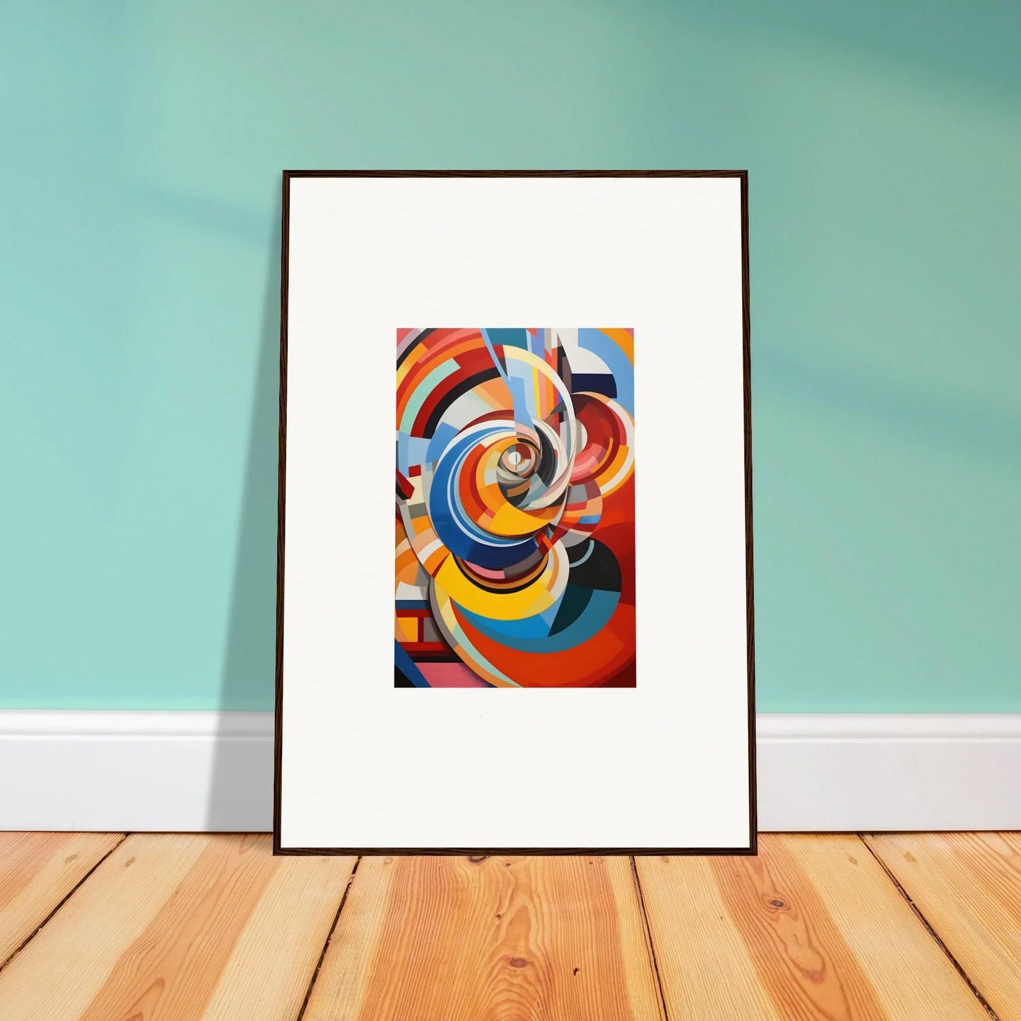Framed abstract Rainbow Euphony Whisper art print with colorful swirling shapes