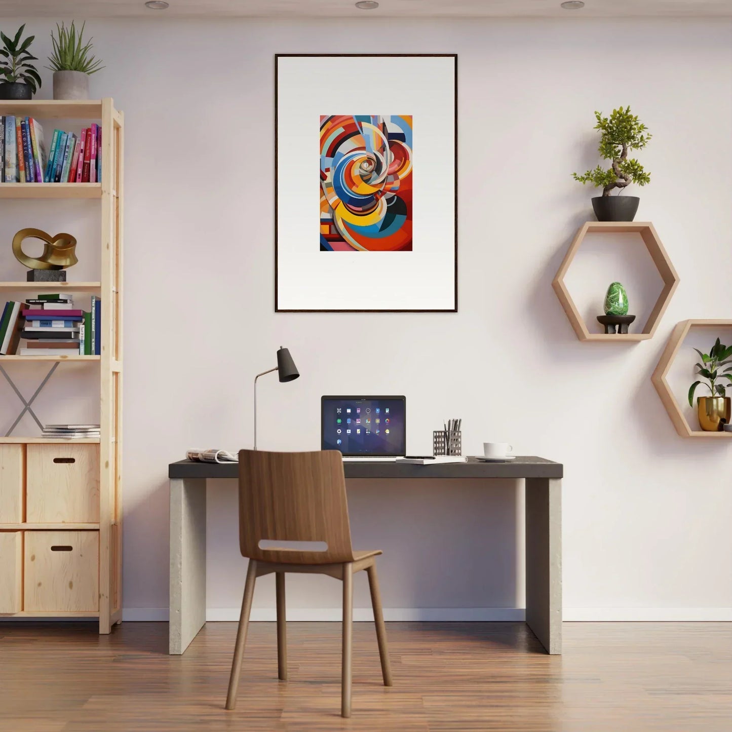 Modern home office with dark desk and Rainbow Euphony Whisper shelving decor