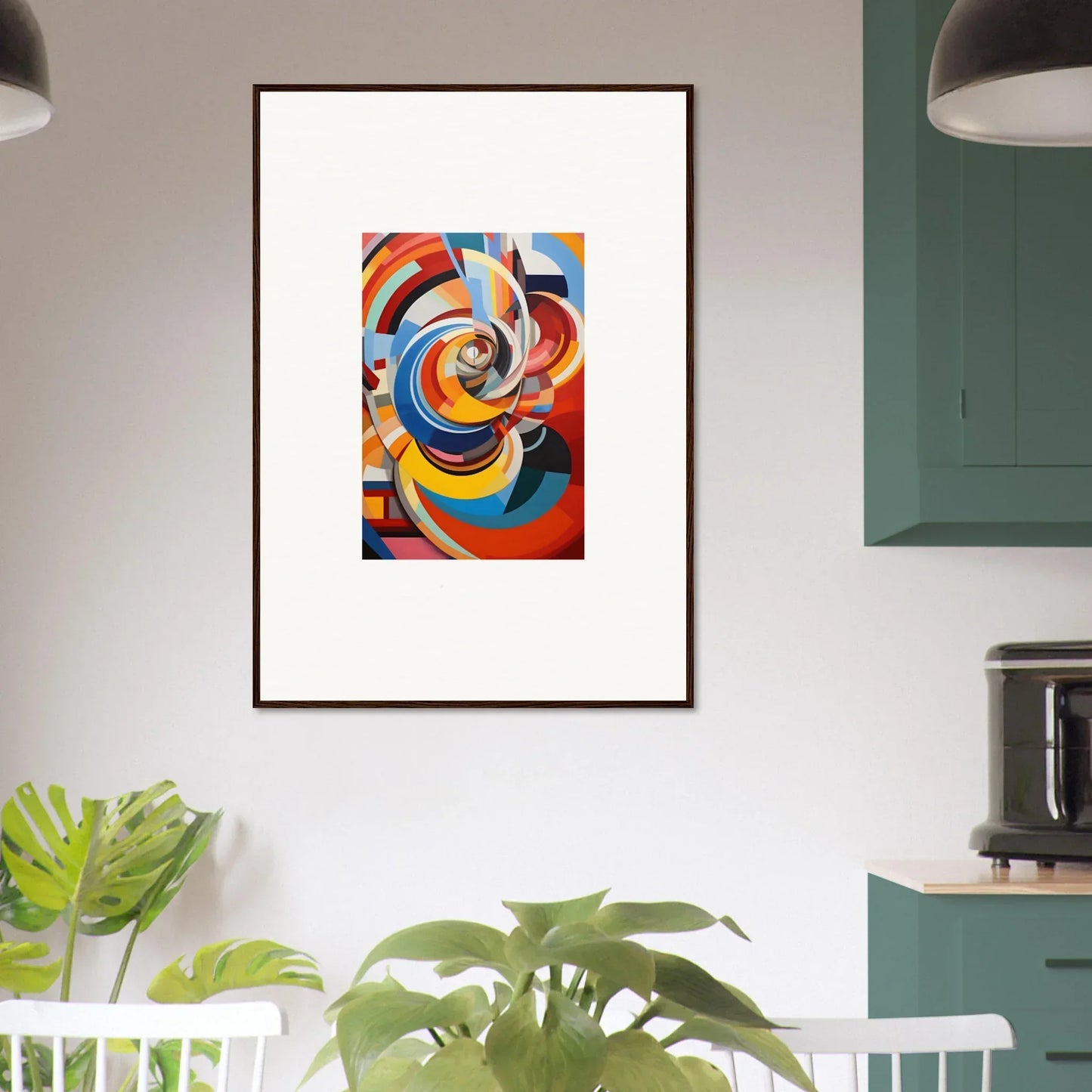 Framed abstract art Rainbow Euphony Whisper with swirling red, blue, and yellow shapes