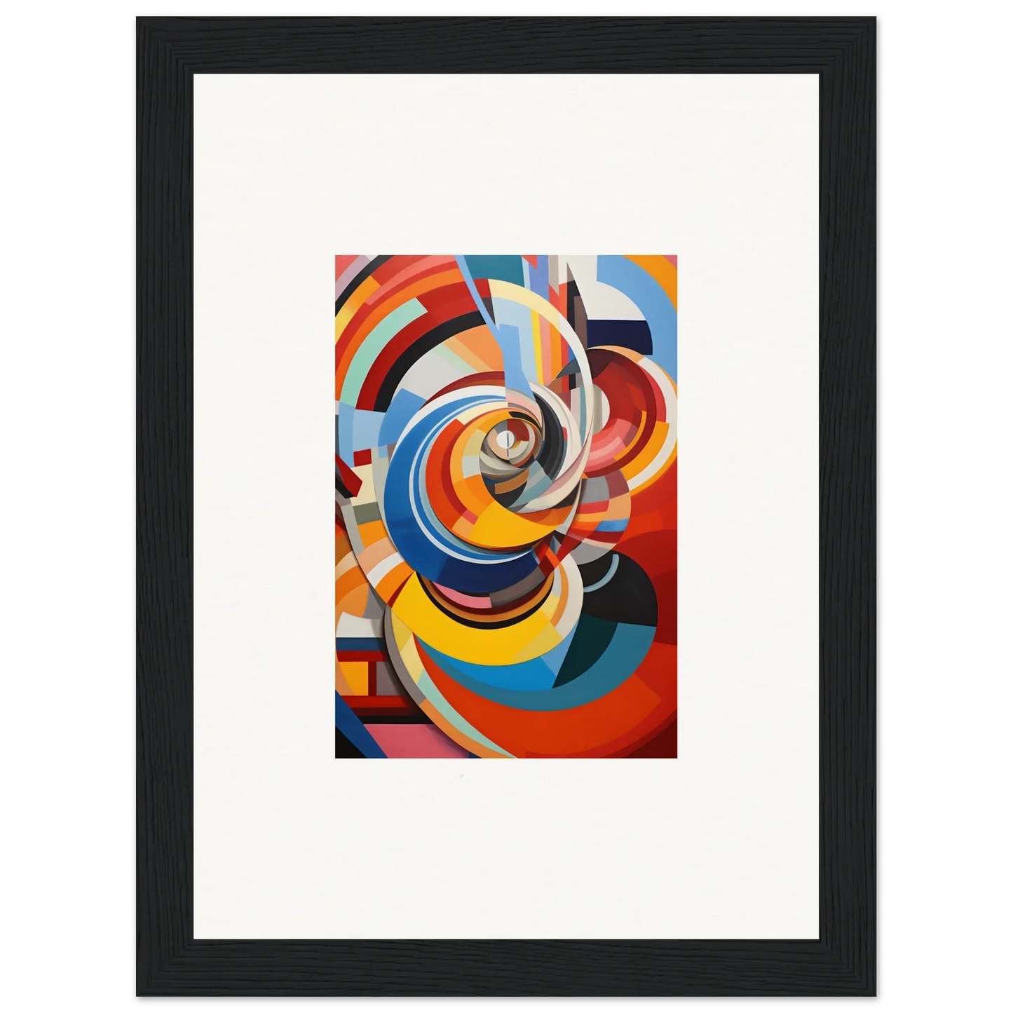 Abstract geometric painting with bold swirls in red, blue, yellow, and orange for Rainbow Euphony Whisper