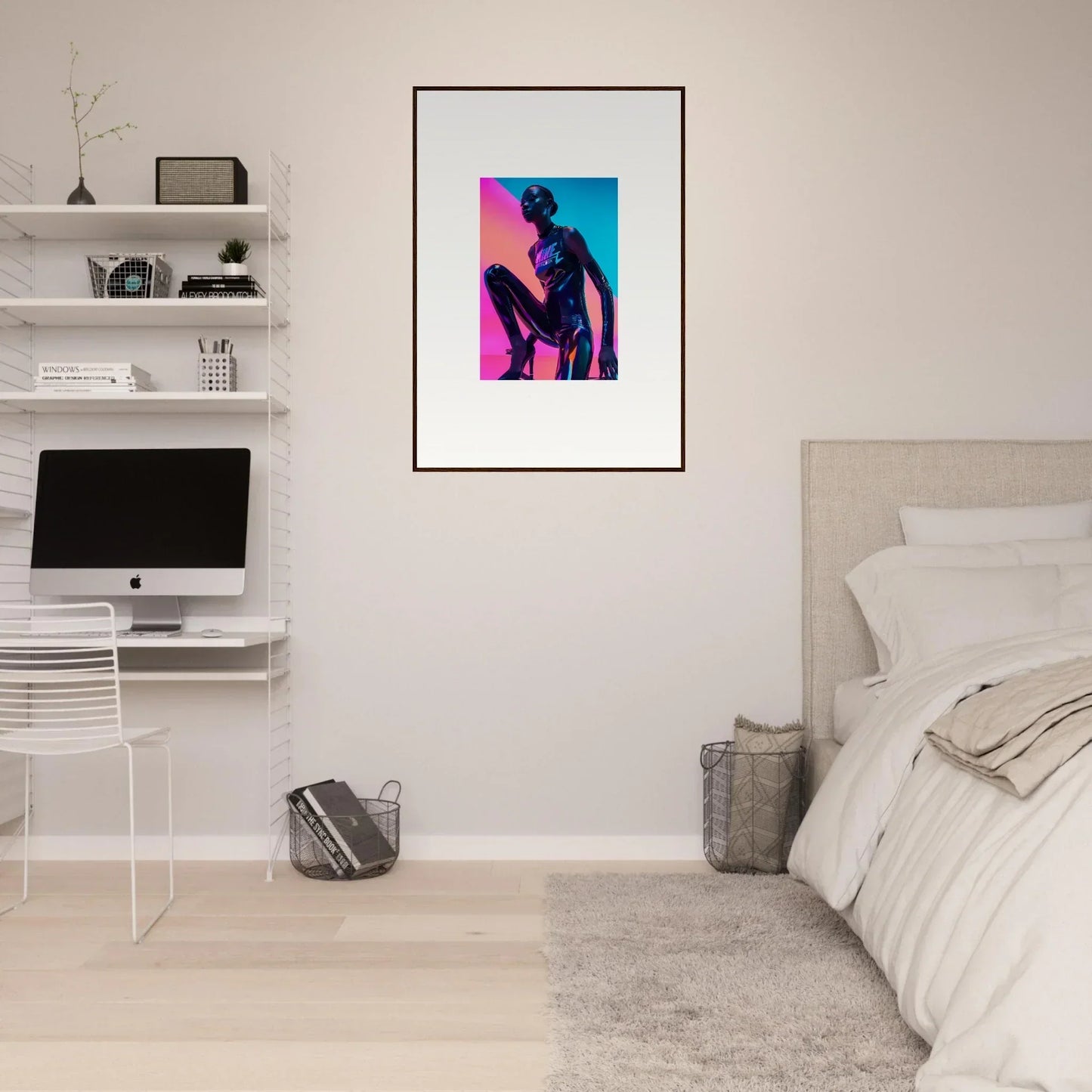 Framed wall art of a silhouetted figure in Neon Symphony colors for vibrant room decor