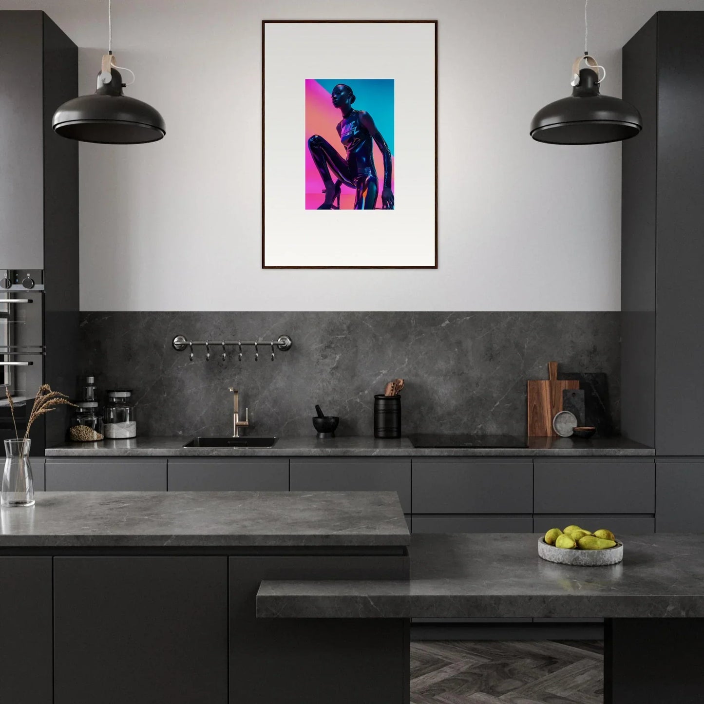Modern dark-toned kitchen featuring colorful framed wall art Neon Symphony as focal point