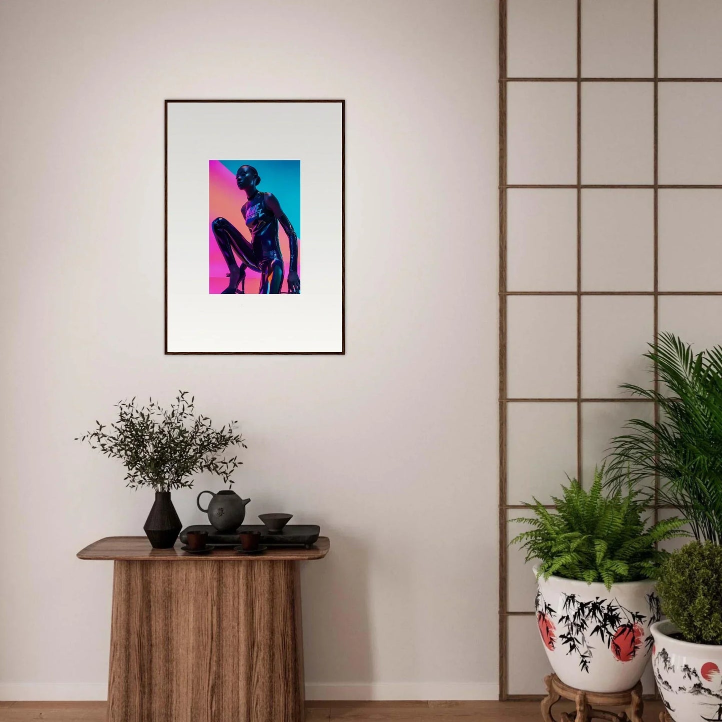 Framed wall art of a stylized figure in vibrant colors for room decor, Neon Symphony