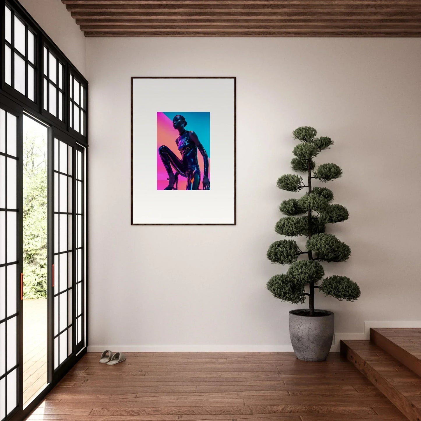 Framed wall art of a colorful pop art silhouette in Neon Symphony style