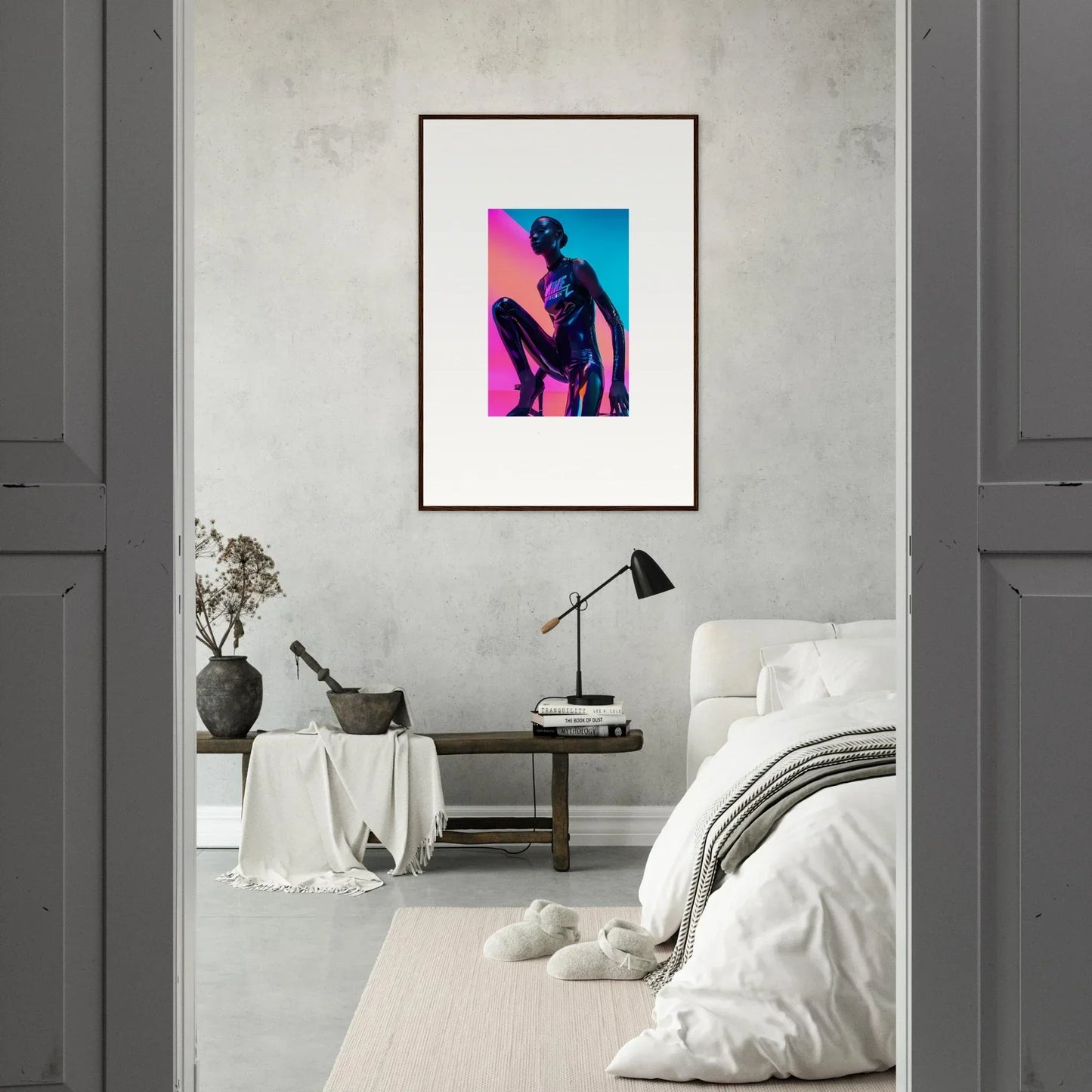 Framed wall art of a silhouetted figure in Neon Symphony colors for vibrant room decor