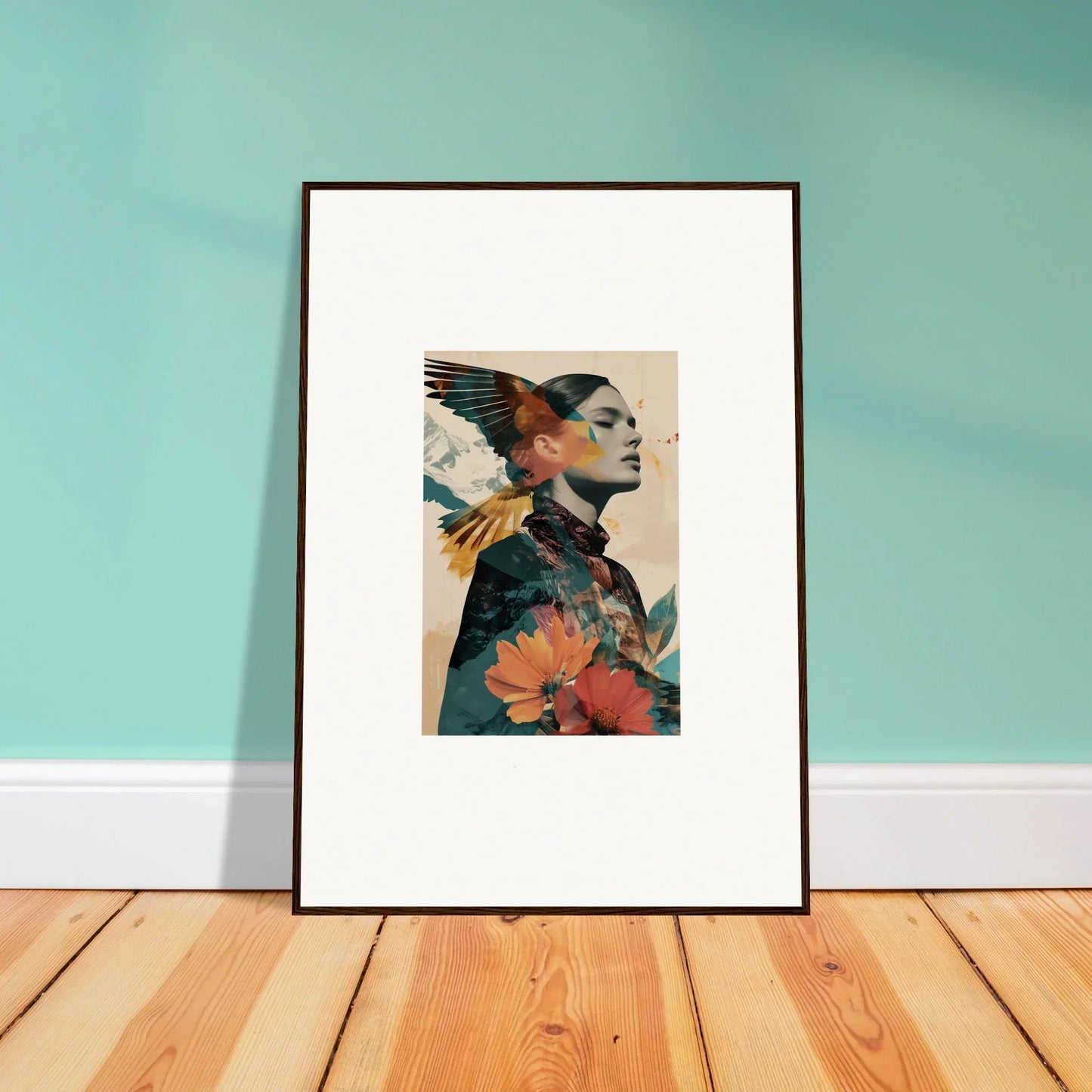Surreal framed wall art with floral and avian elements in Auratic Tango design