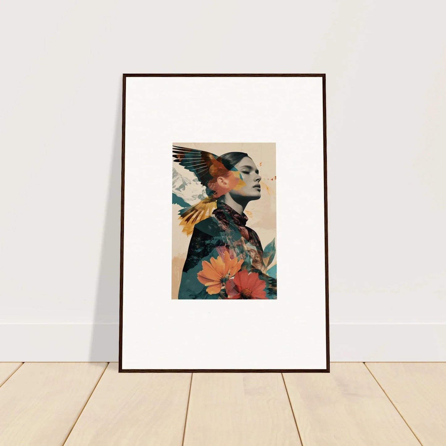 Surreal framed wall art of a human figure with floral and avian elements in Auratic Tango