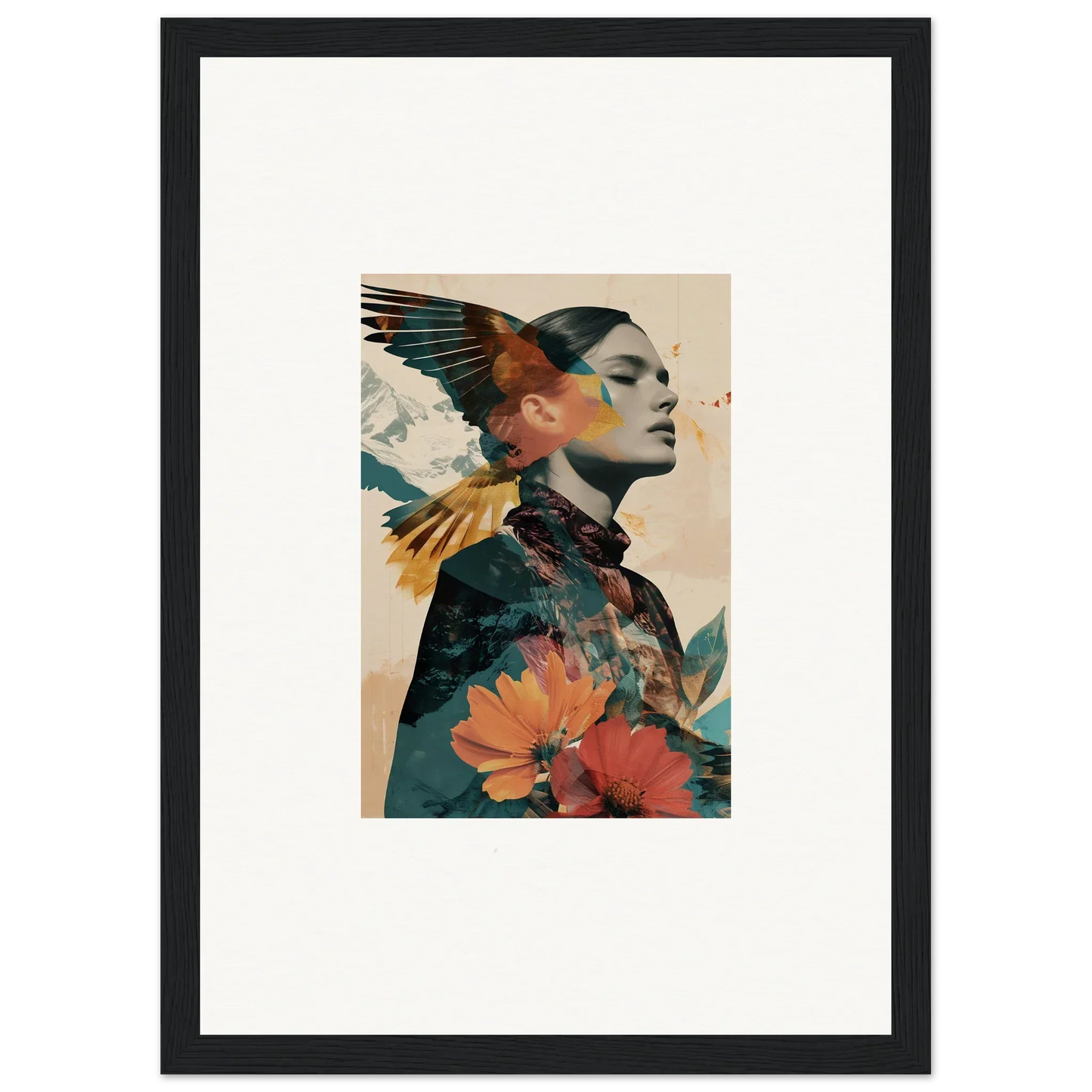 Framed wall art of a woman’s profile blended with floral and avian elements in Auratic Tango