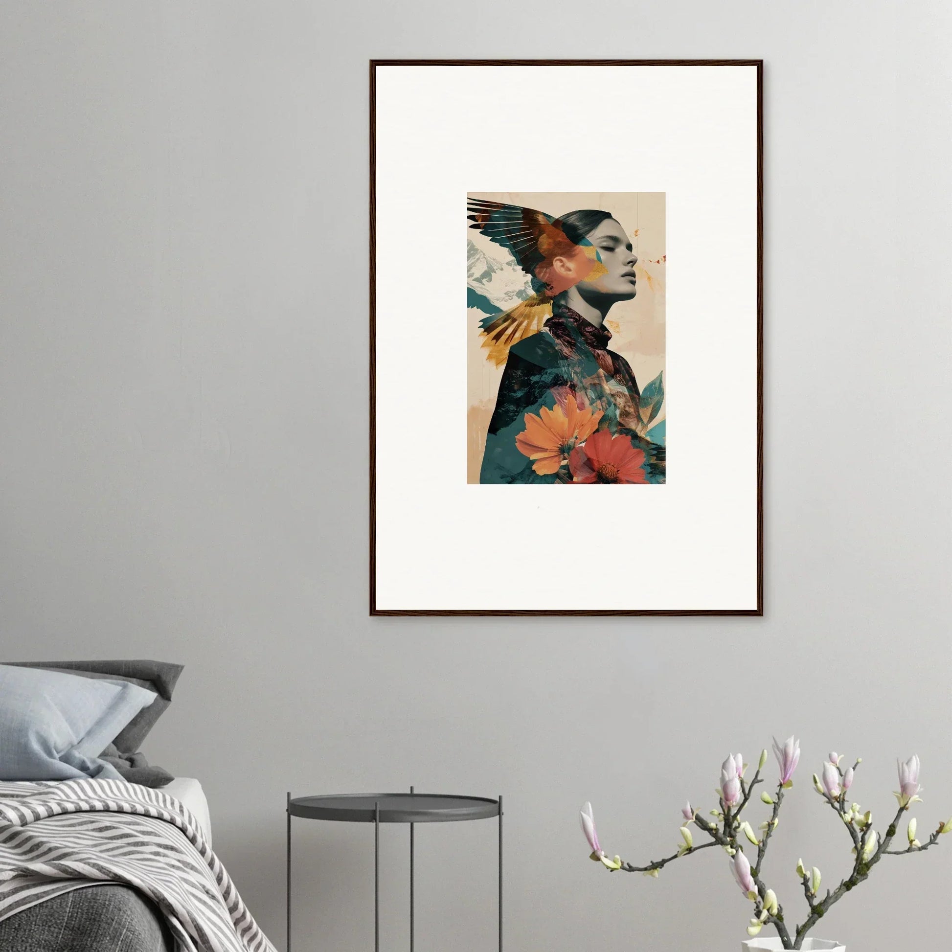 Framed wall art blending a profile portrait with colorful floral elements in Auratic Tango