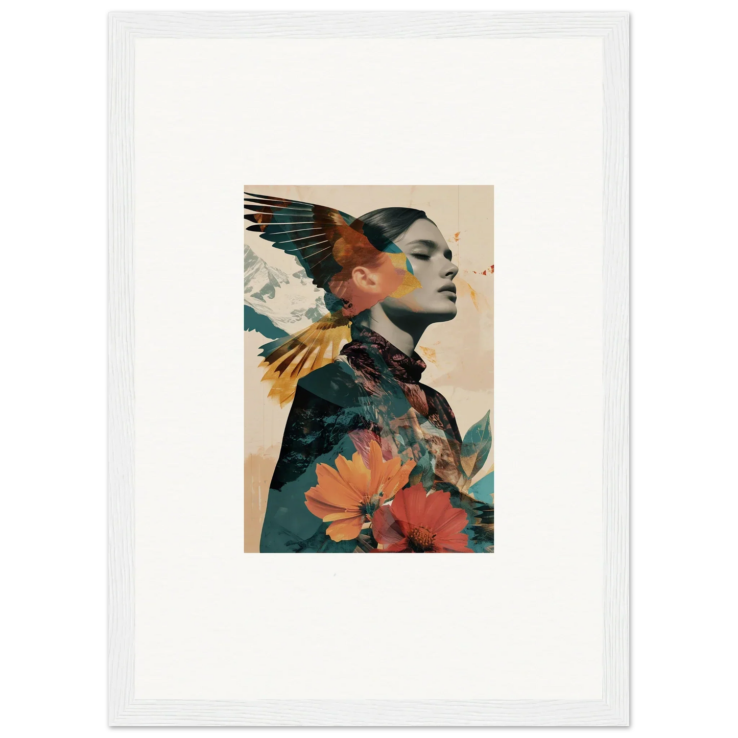 Artistic portrait of a woman with floral and avian elements in Auratic Tango wall art