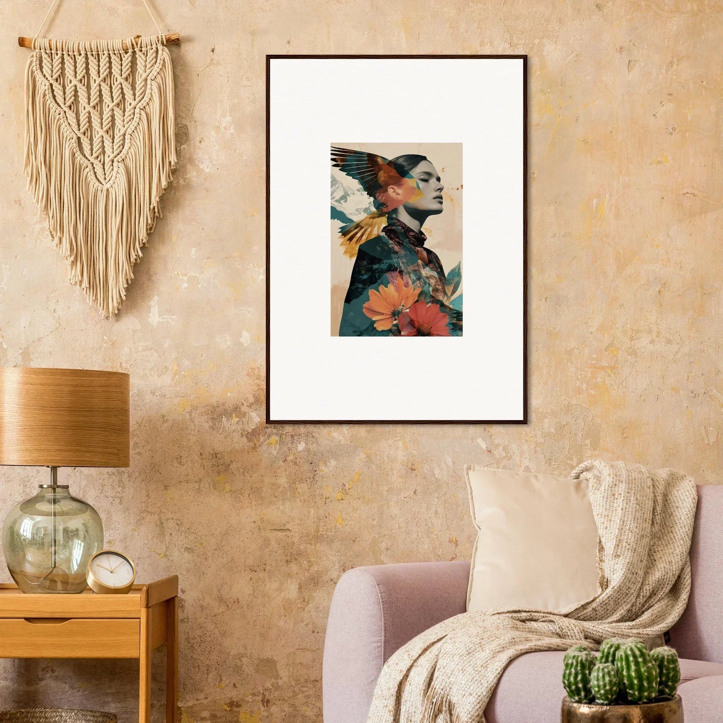 Framed wall art featuring colorful floral and bird profile in Auratic Tango design