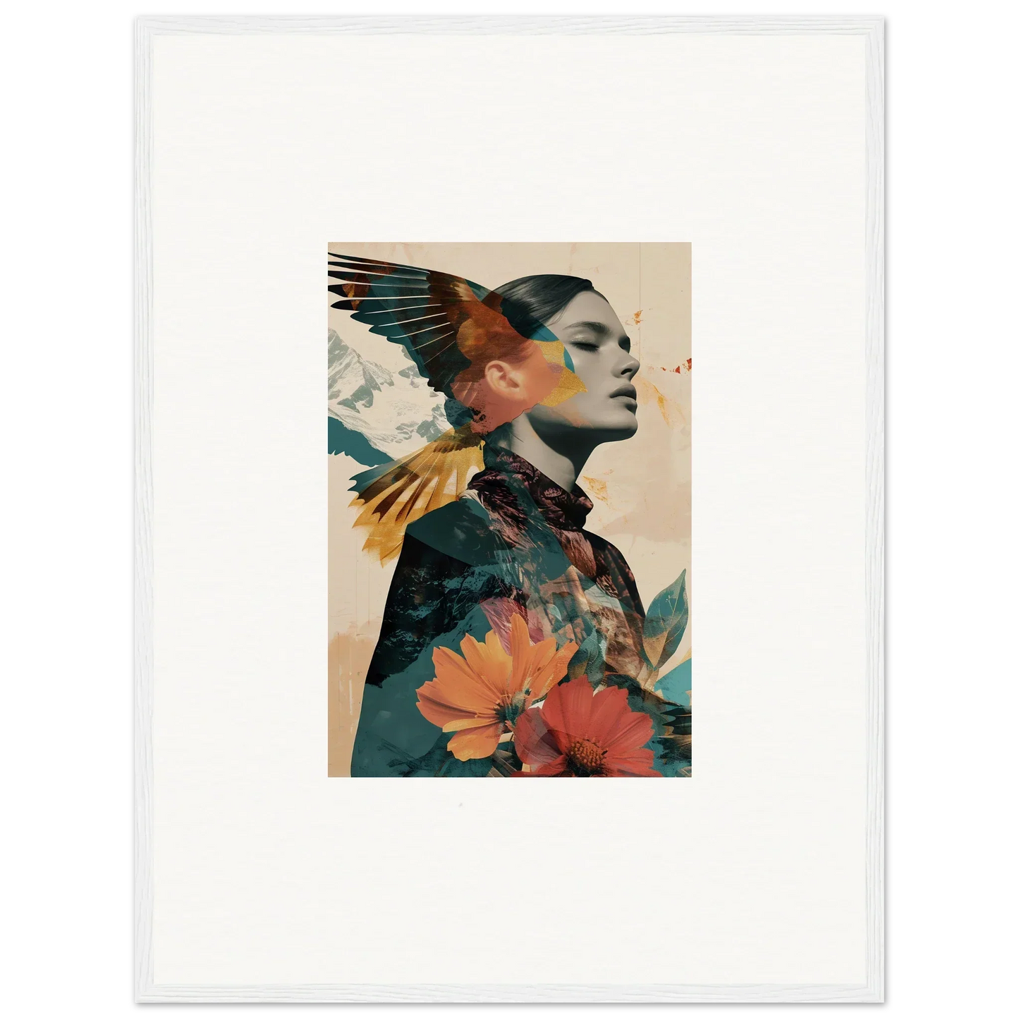 Artistic portrait of a woman’s profile with floral and avian elements for room decor