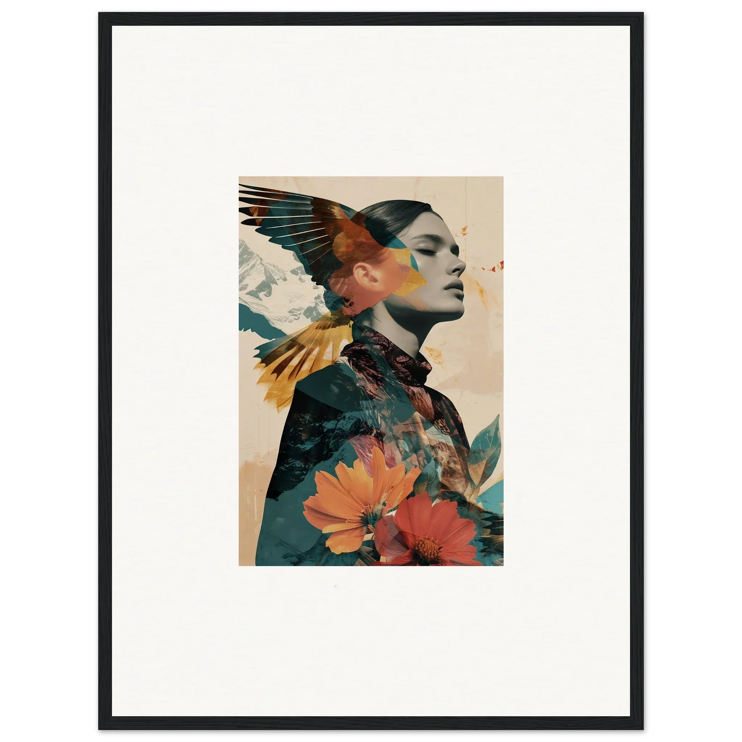 Artistic portrait of woman’s profile with floral and avian elements for Auratic Tango wall art