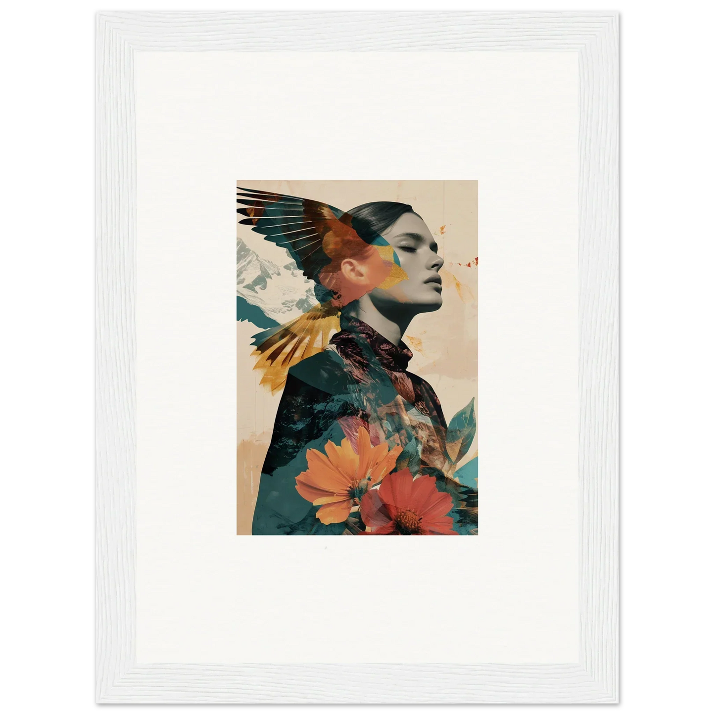 Artistic portrait of a woman with floral and avian elements for Auratic Tango wall art