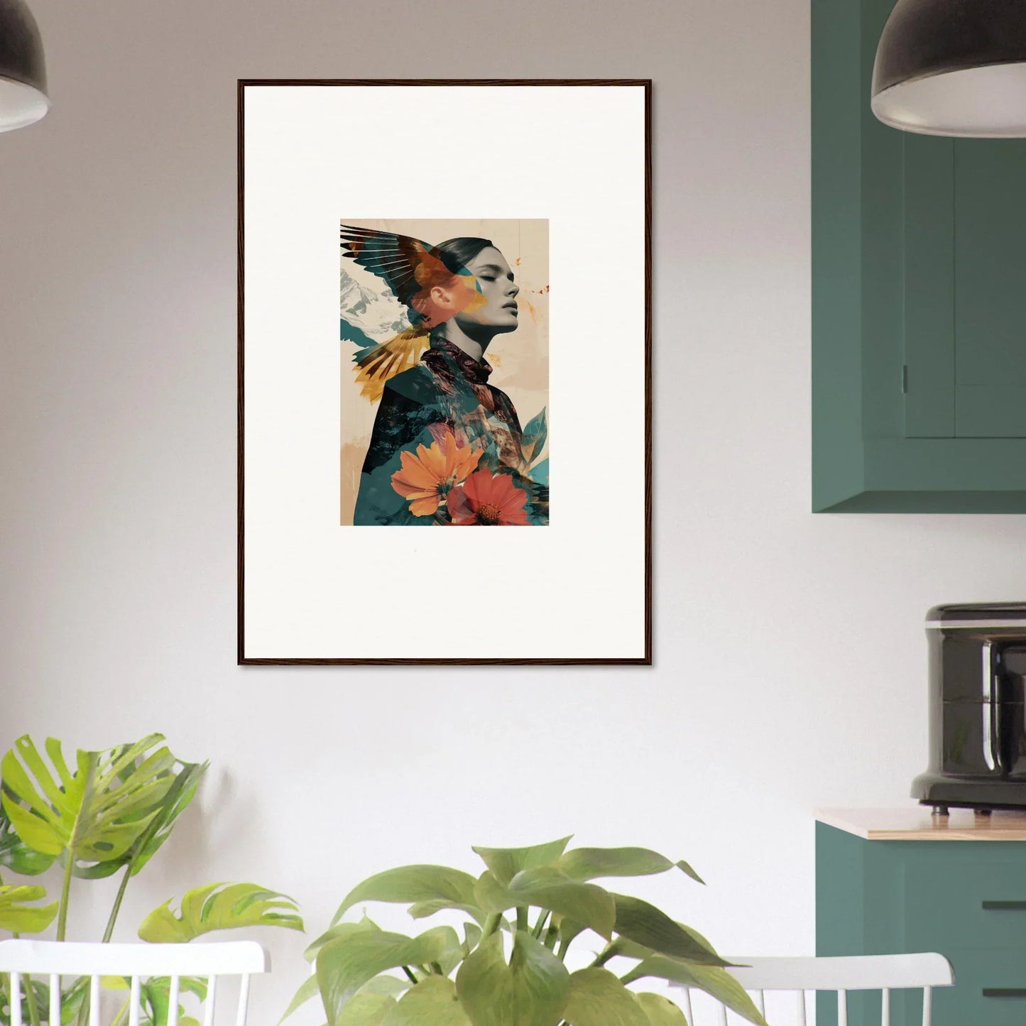 Framed wall art of a colorful floral profile portrait for room decor, Auratic Tango