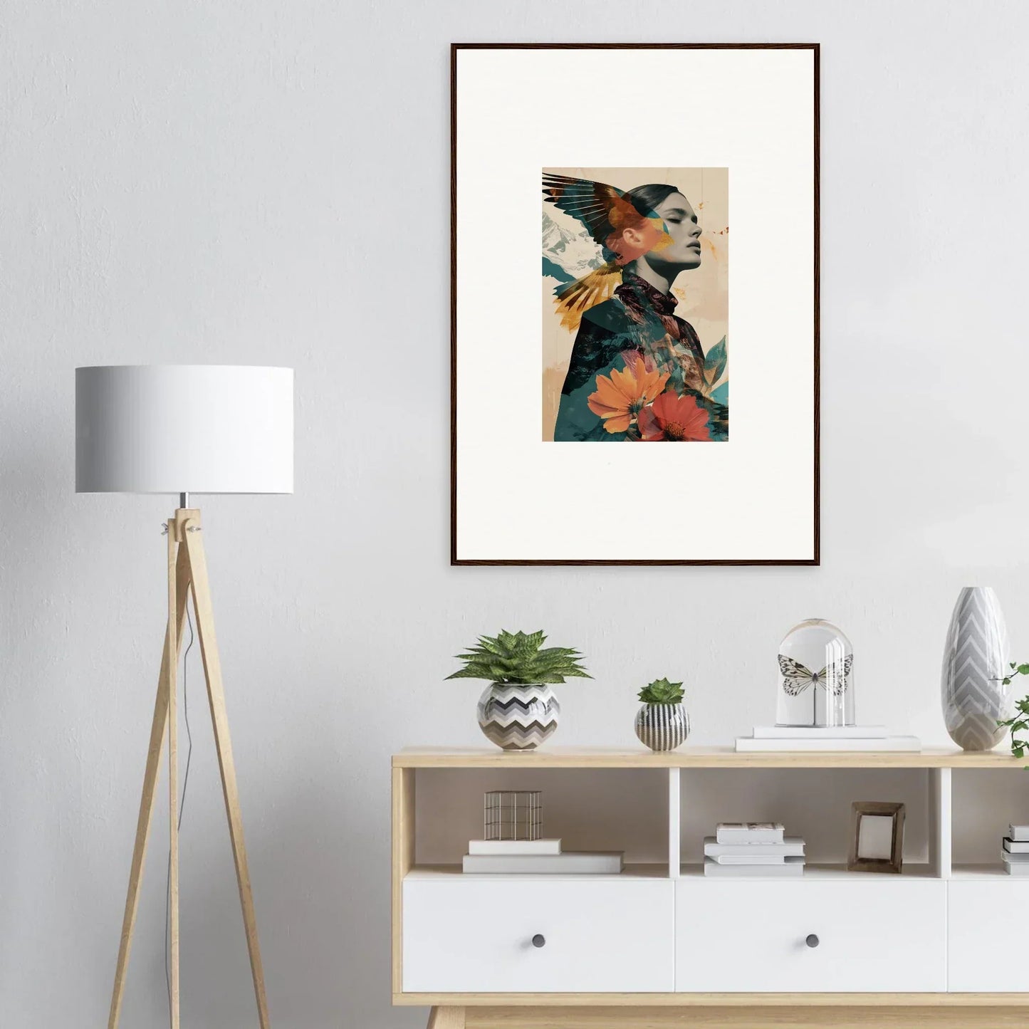 Framed wall art of colorful portrait with floral elements in Auratic Tango style