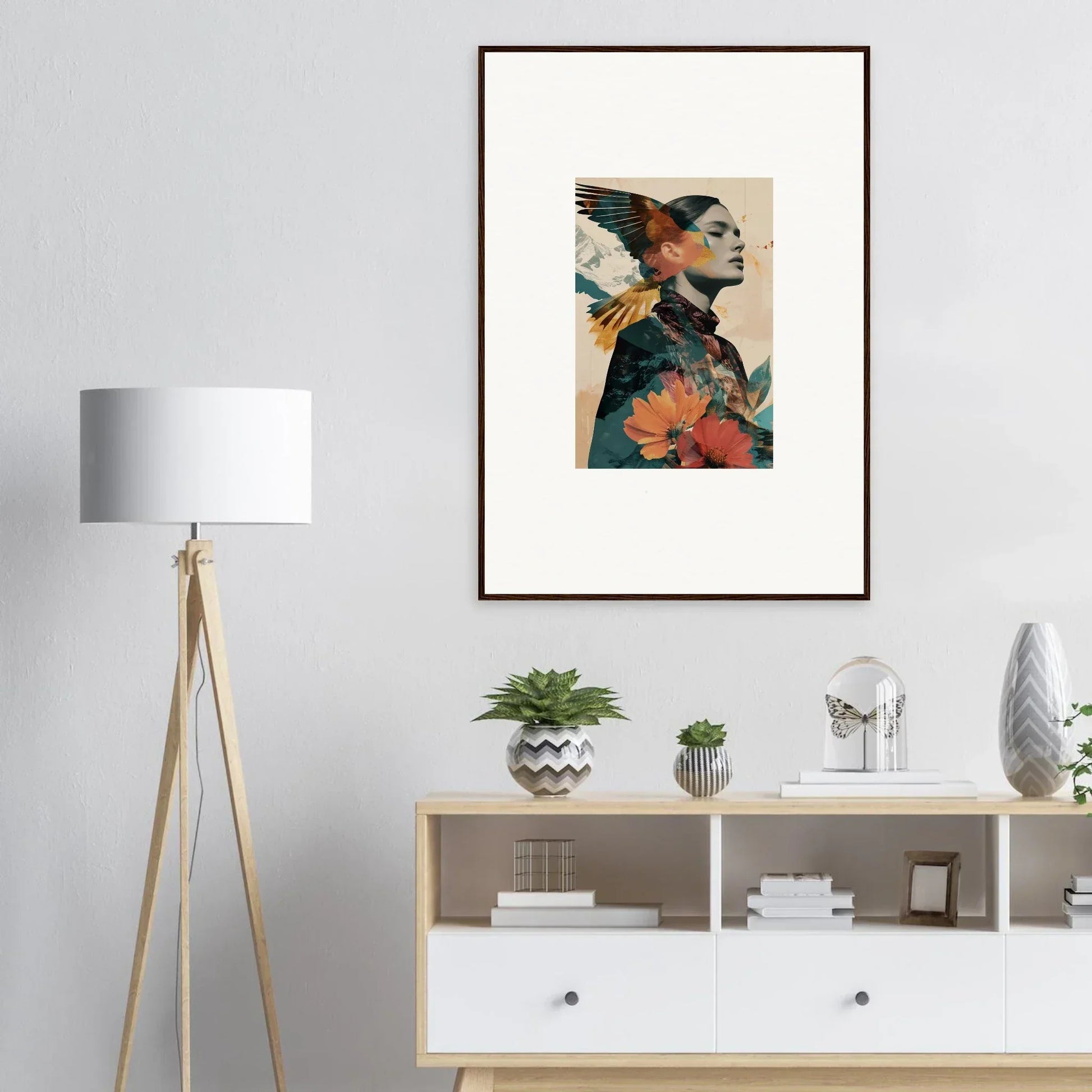 Framed wall art of colorful portrait with floral elements in Auratic Tango style