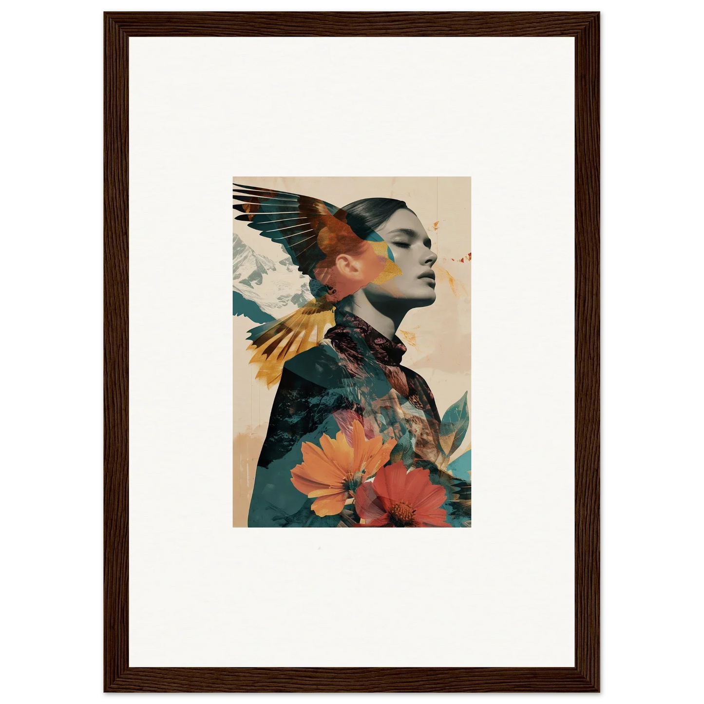 Artistic portrait of woman with floral and avian elements for Auratic Tango wall decor