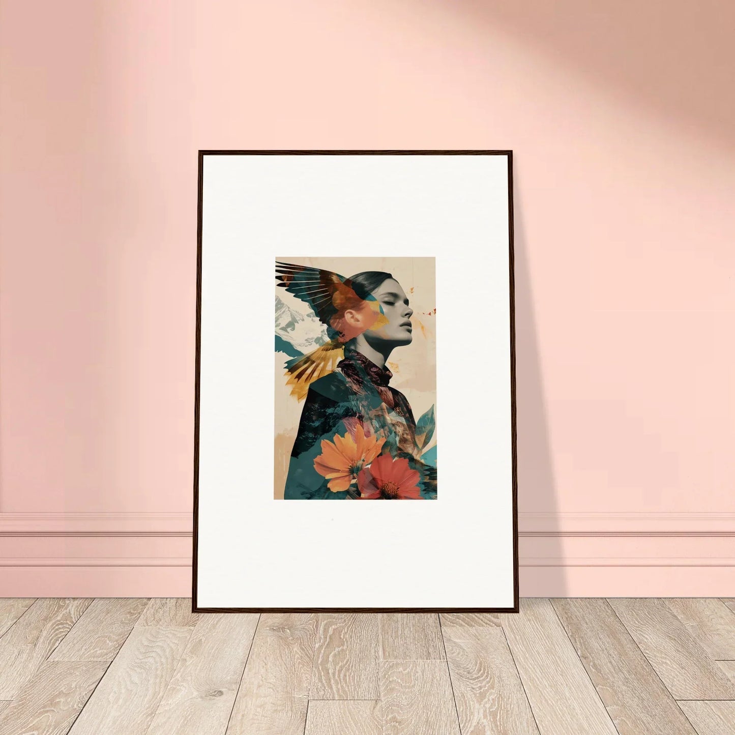 Framed wall art of Reflective Auratic Tango blending floral and bird elements for room decor