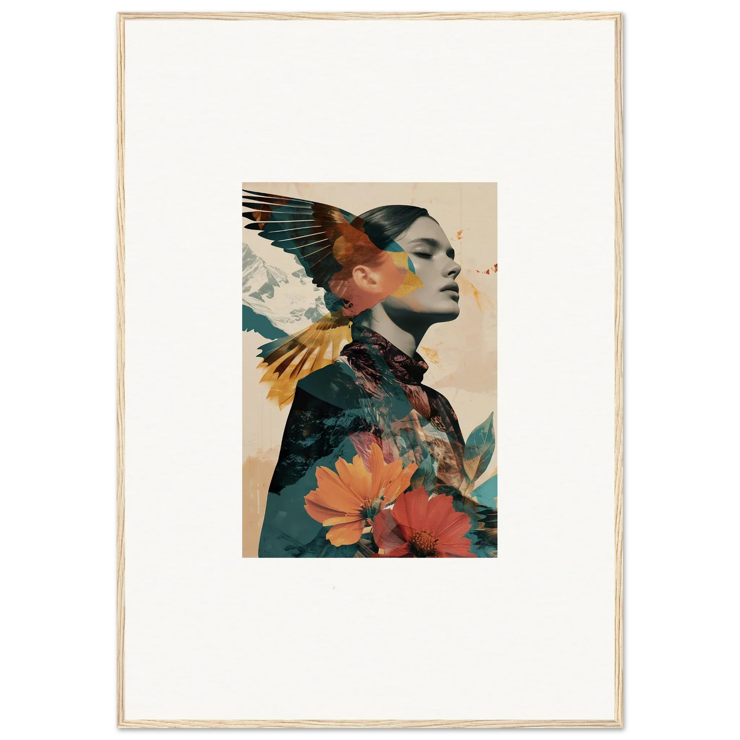 Artistic portrait of a woman blended with floral and avian elements for auratic tango wall art