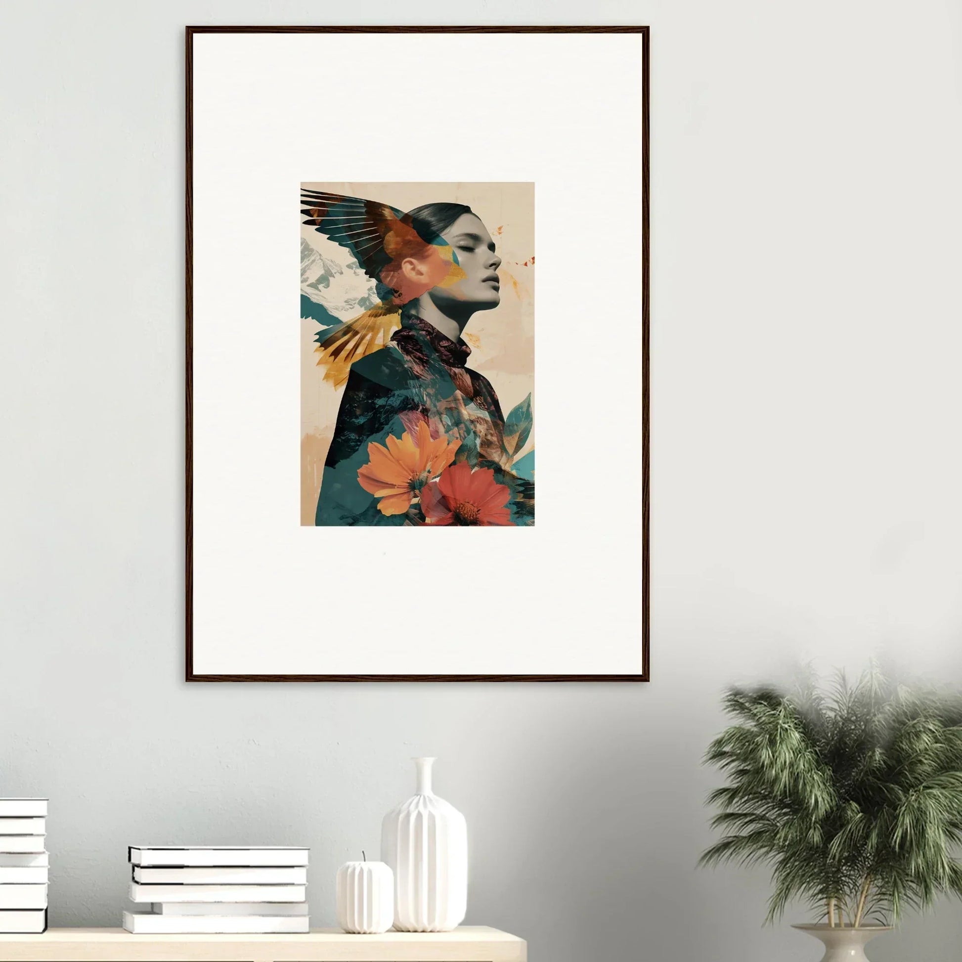 Framed wall art of Auratic Tango with vibrant floral and avian profile elements
