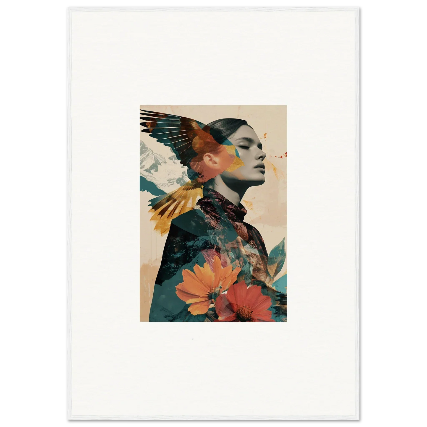 Artistic woman’s portrait with floral and avian elements, perfect for room decor as Framed Wall Art