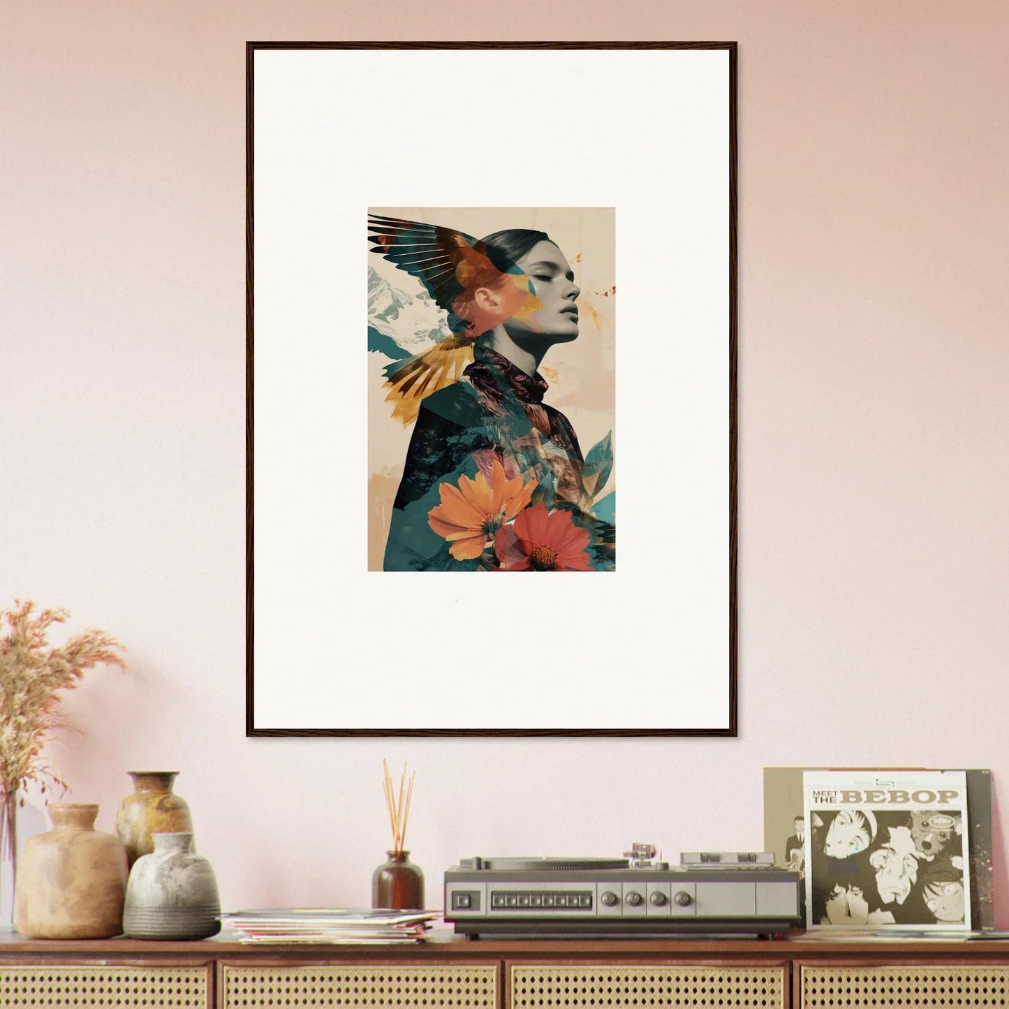 Framed wall art of a person with floral and avian elements in Auratic Tango design