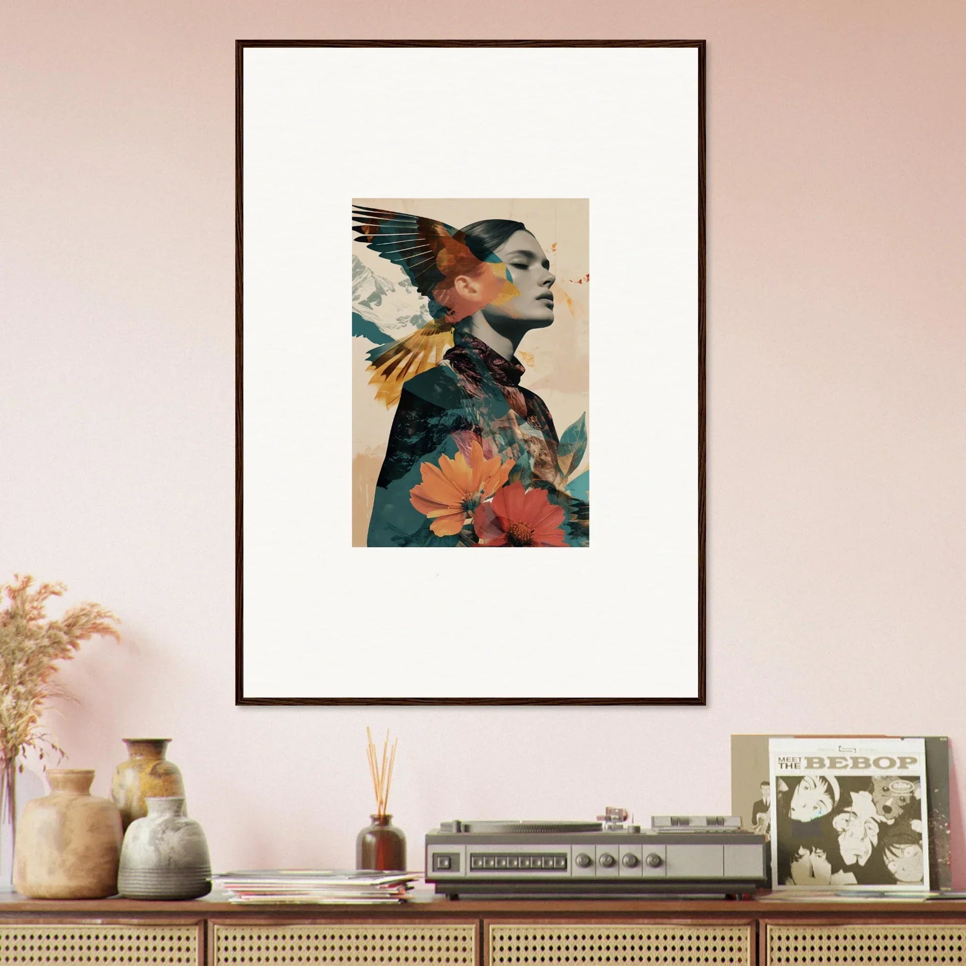 Framed wall art of a person with floral and avian elements in Auratic Tango design