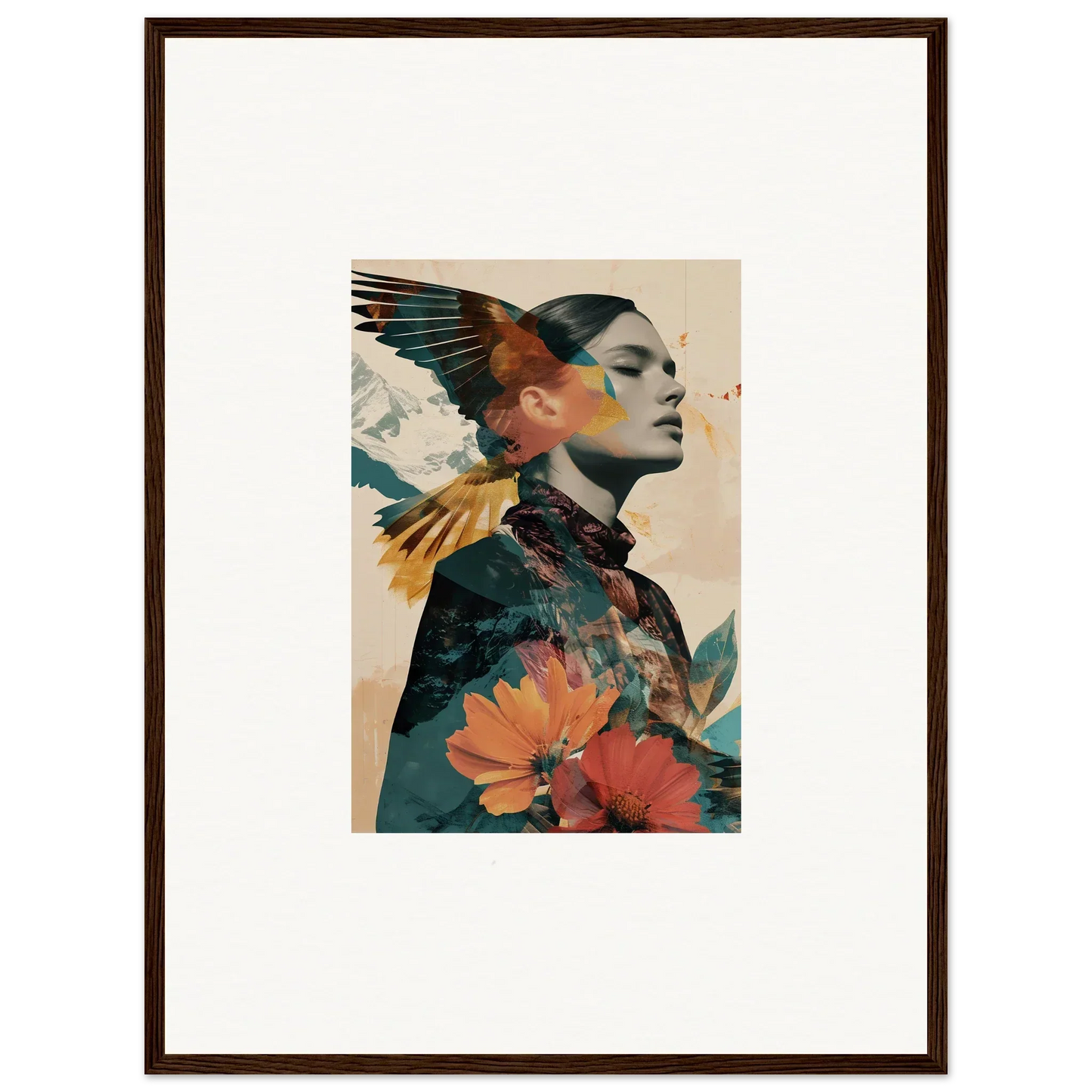 Artistic portrait of a woman with floral and avian elements in Auratic Tango wall art