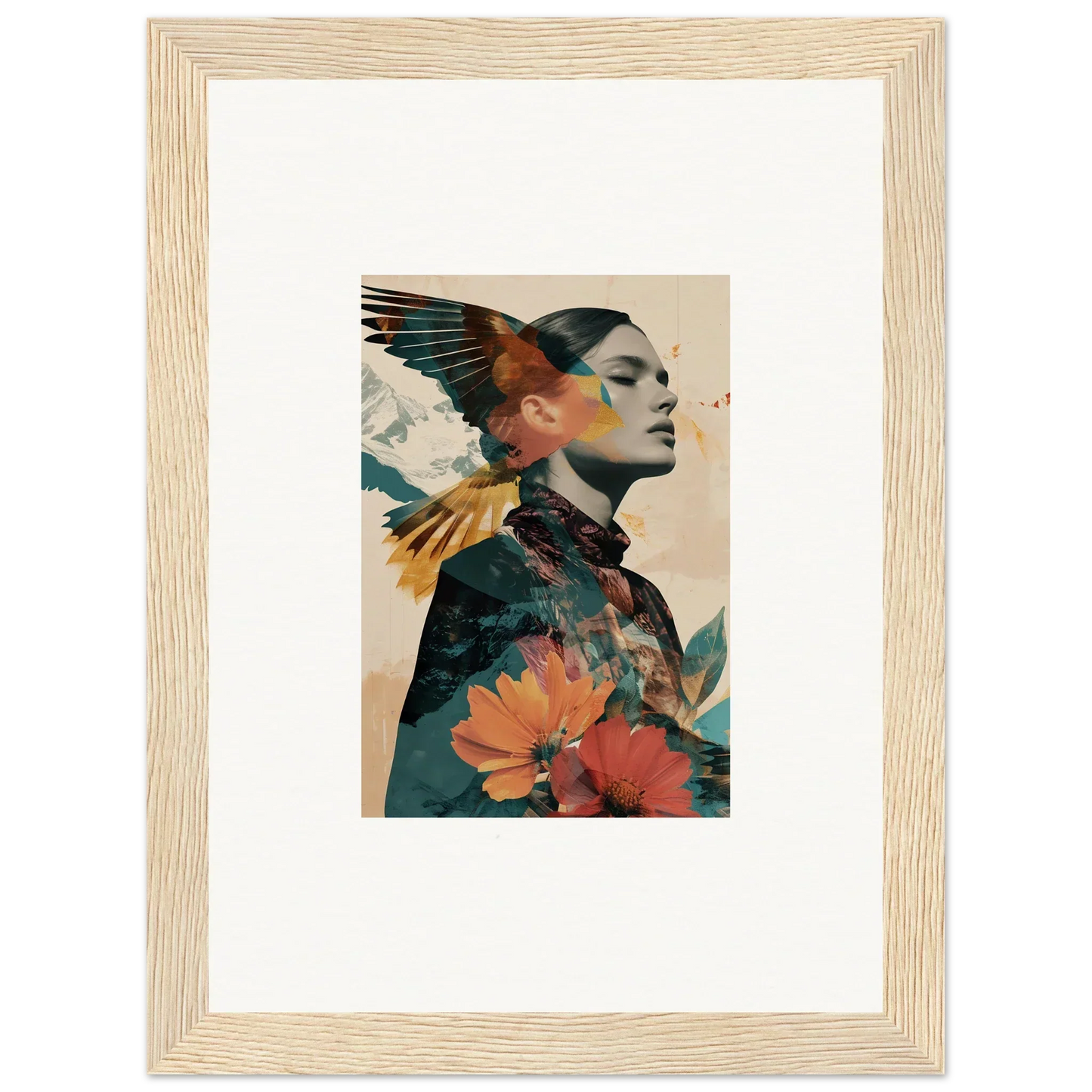 Framed wall art featuring a floral and avian portrait in Auratic Tango style